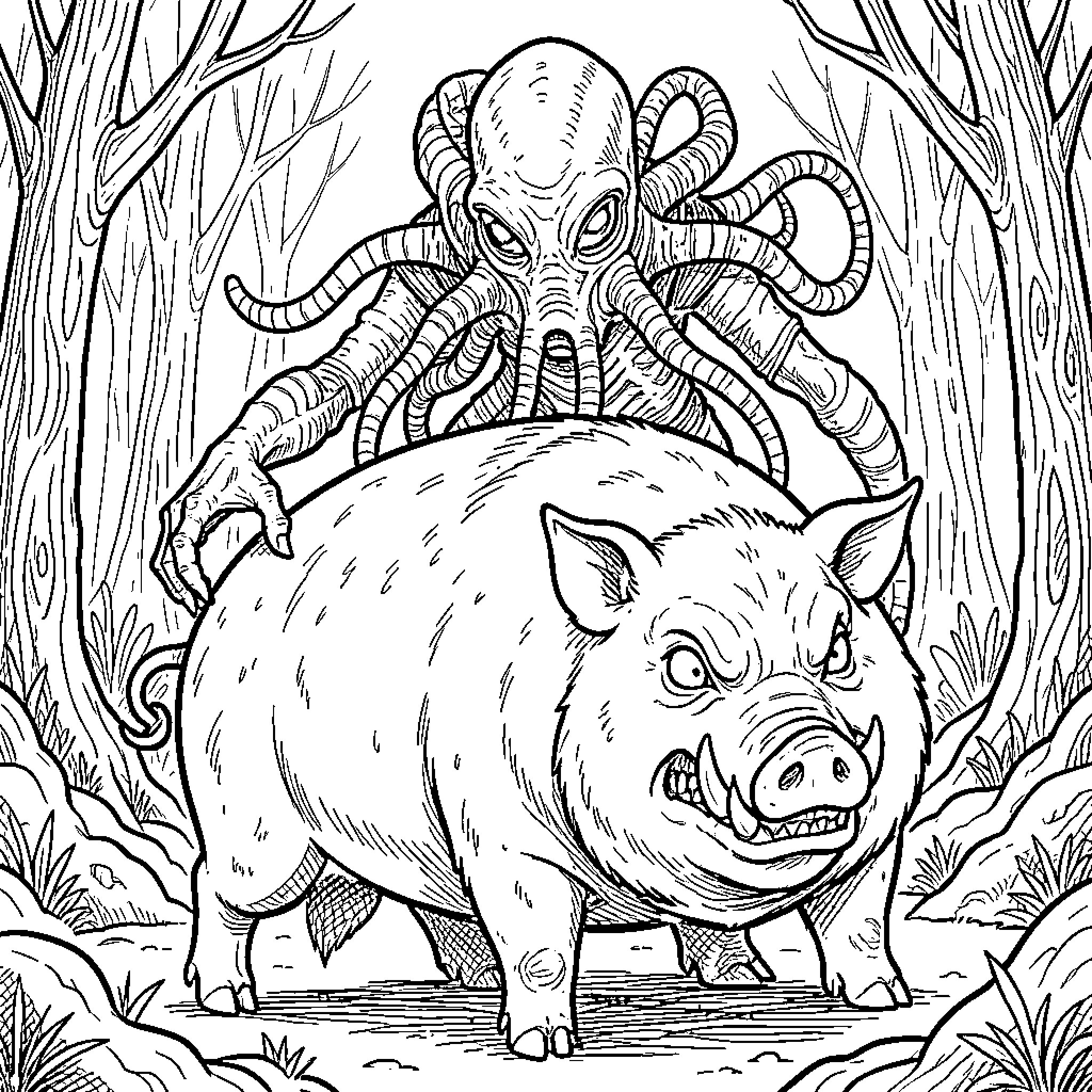 Mind Flayer possessing a wild boar in the forest Coloring Page (free black-and-white line drawing printable PDF for all, from beginners to advanced learners, including children, teens, adults, and seniors)