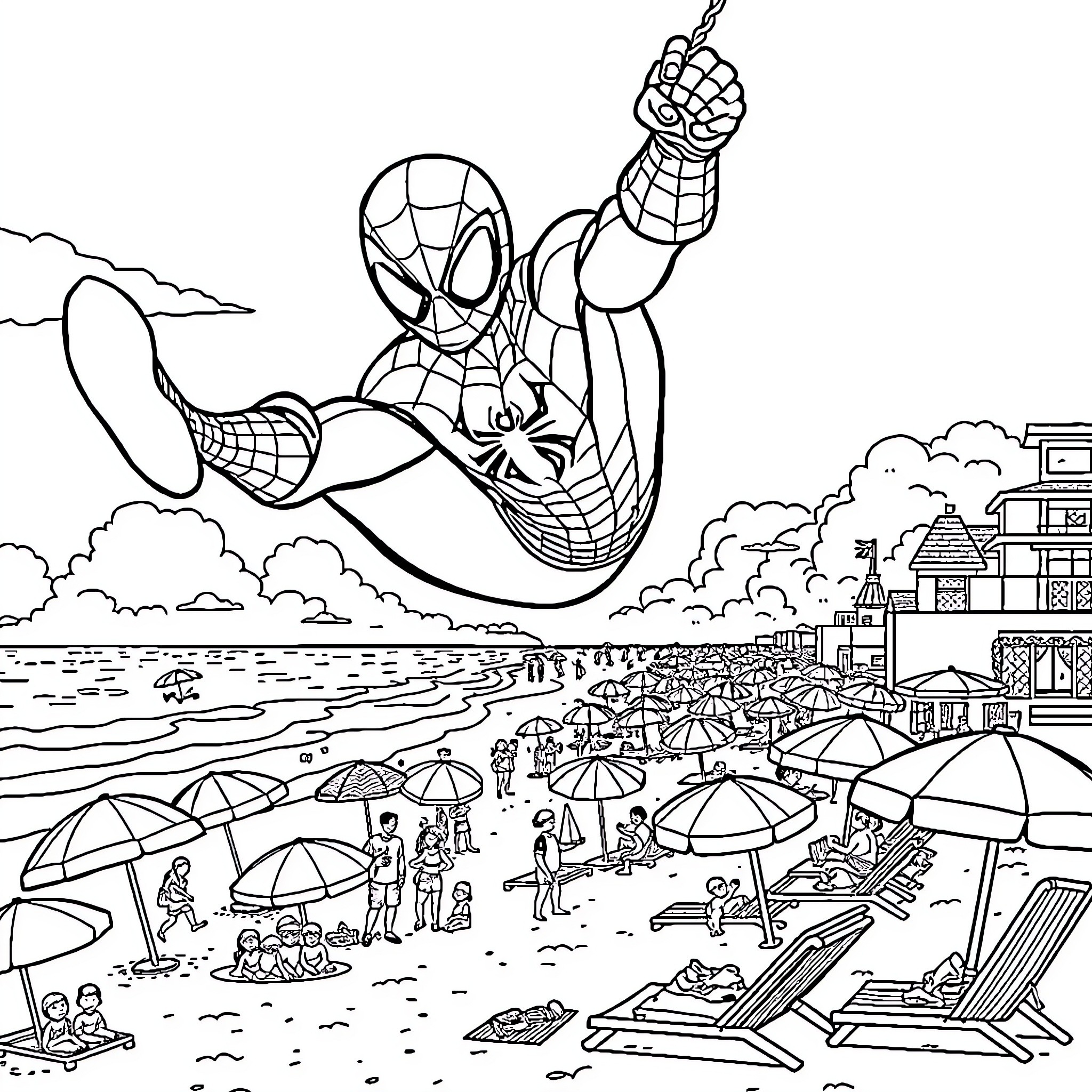 Spiderman swinging above a crowded beach scene Coloring Page (free black-and-white line drawing printable PDF for all, from beginners to advanced learners, including children, teens, adults, and seniors)