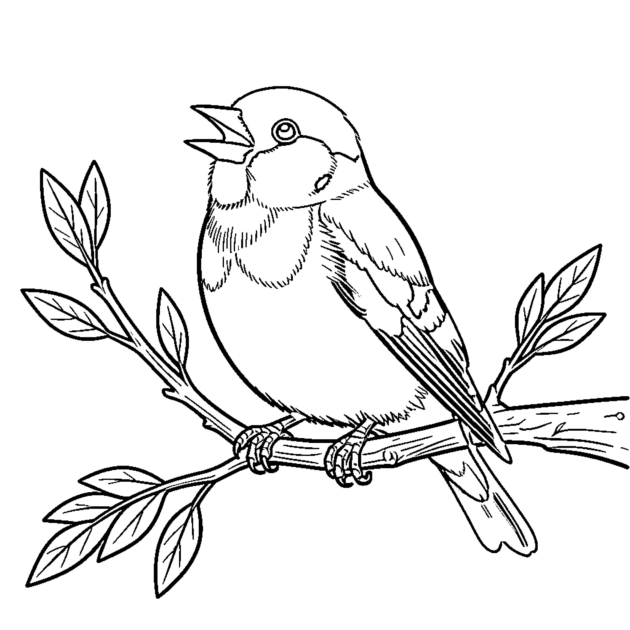 Goldfinch perched on a leafy branch singing Coloring Page (free black-and-white line drawing printable PDF for all, from beginners to advanced learners, including children, teens, adults, and seniors)
