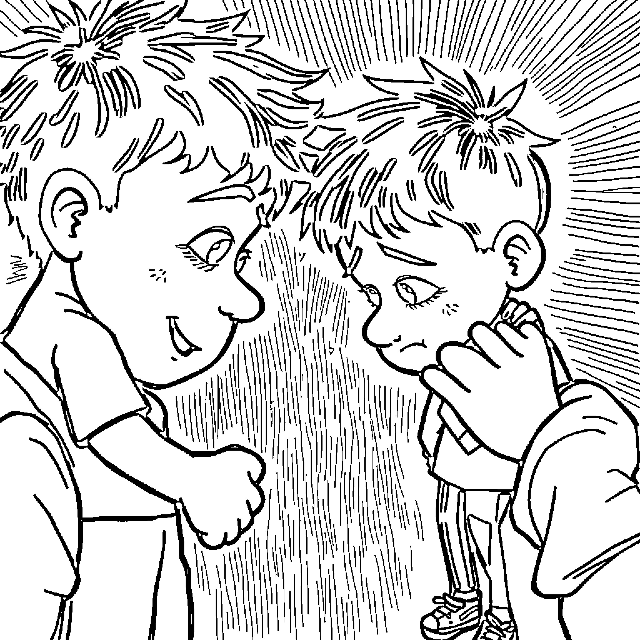 Bullying: Confrontation between two children Coloring Page (free black-and-white line drawing printable PDF for all, from beginners to advanced learners, including children, teens, adults, and seniors)