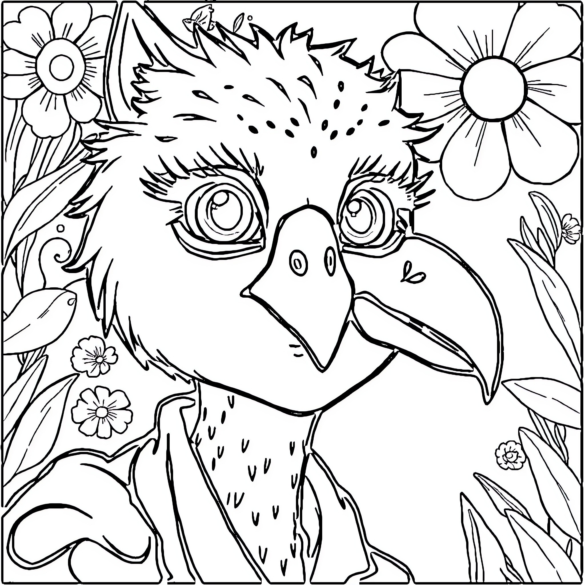 Duck with Expressive Eyes in Floral Surroundings Coloring Page (free black-and-white line drawing printable PDF for all, from beginners to advanced learners, including children, teens, adults, and seniors)