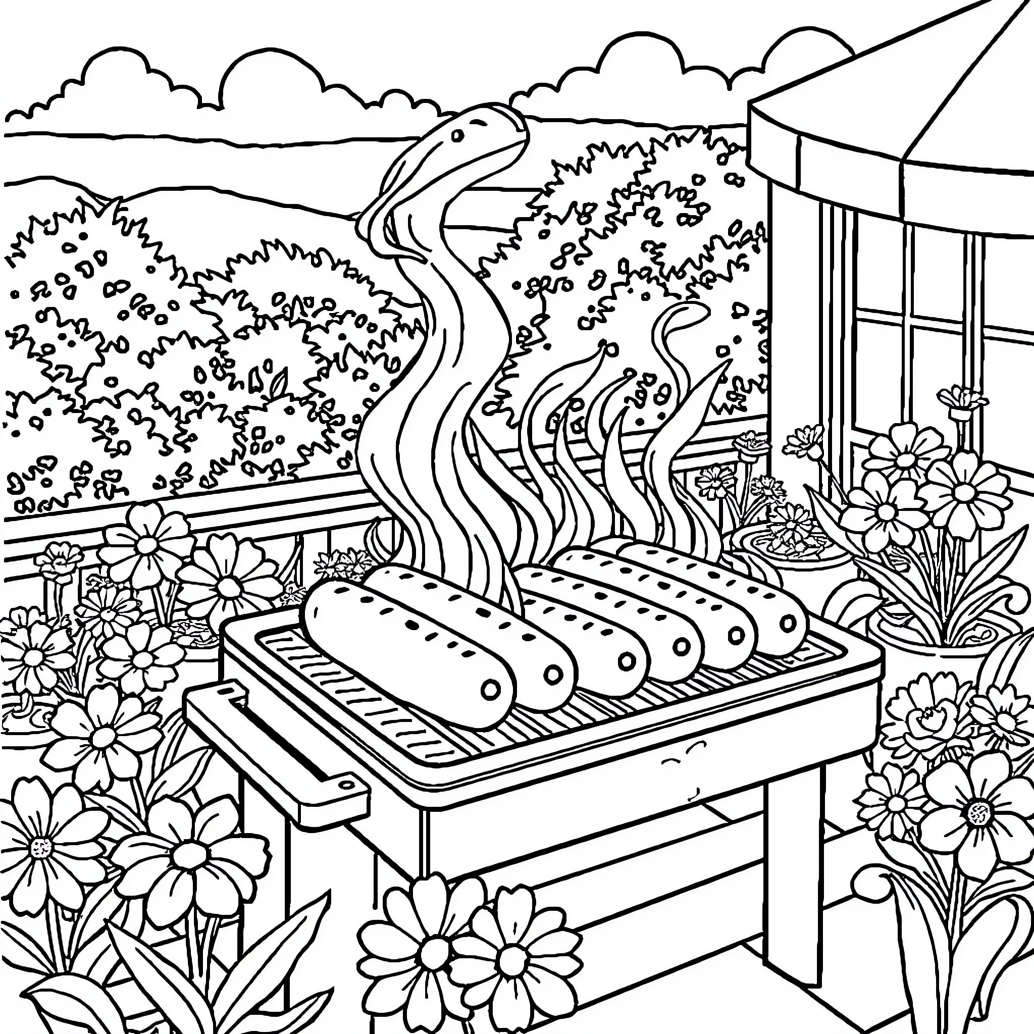 Sausage barbecue in the garden Coloring Page (free black-and-white line drawing printable PDF for all, from beginners to advanced learners, including children, teens, adults, and seniors)