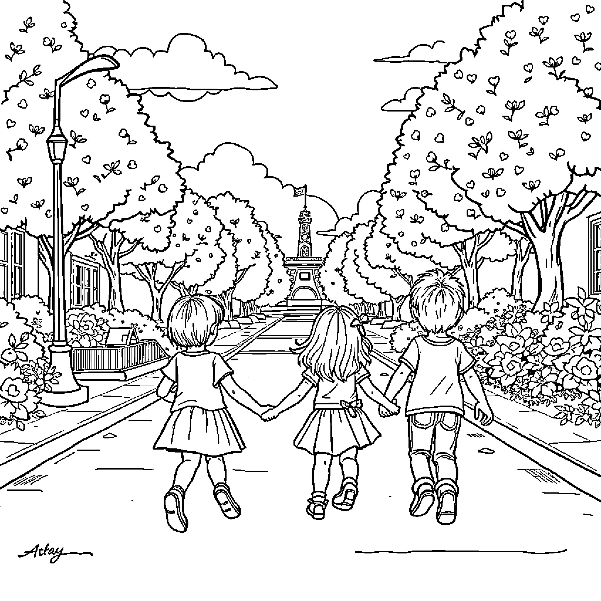 Kids exploring a whimsical park landscape Coloring Page (free black-and-white line drawing printable PDF for all, from beginners to advanced learners, including children, teens, adults, and seniors)