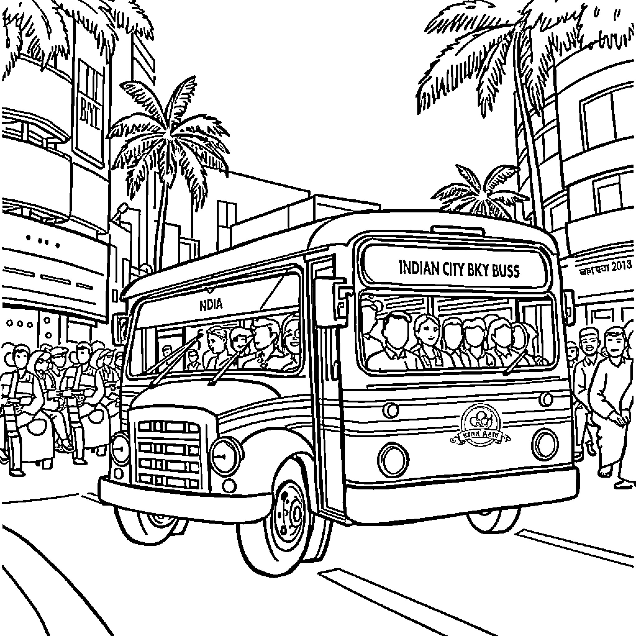 Bus Filled with Passengers in Bustling City Coloring Page (free black-and-white line drawing printable PDF for all, from beginners to advanced learners, including children, teens, adults, and seniors)