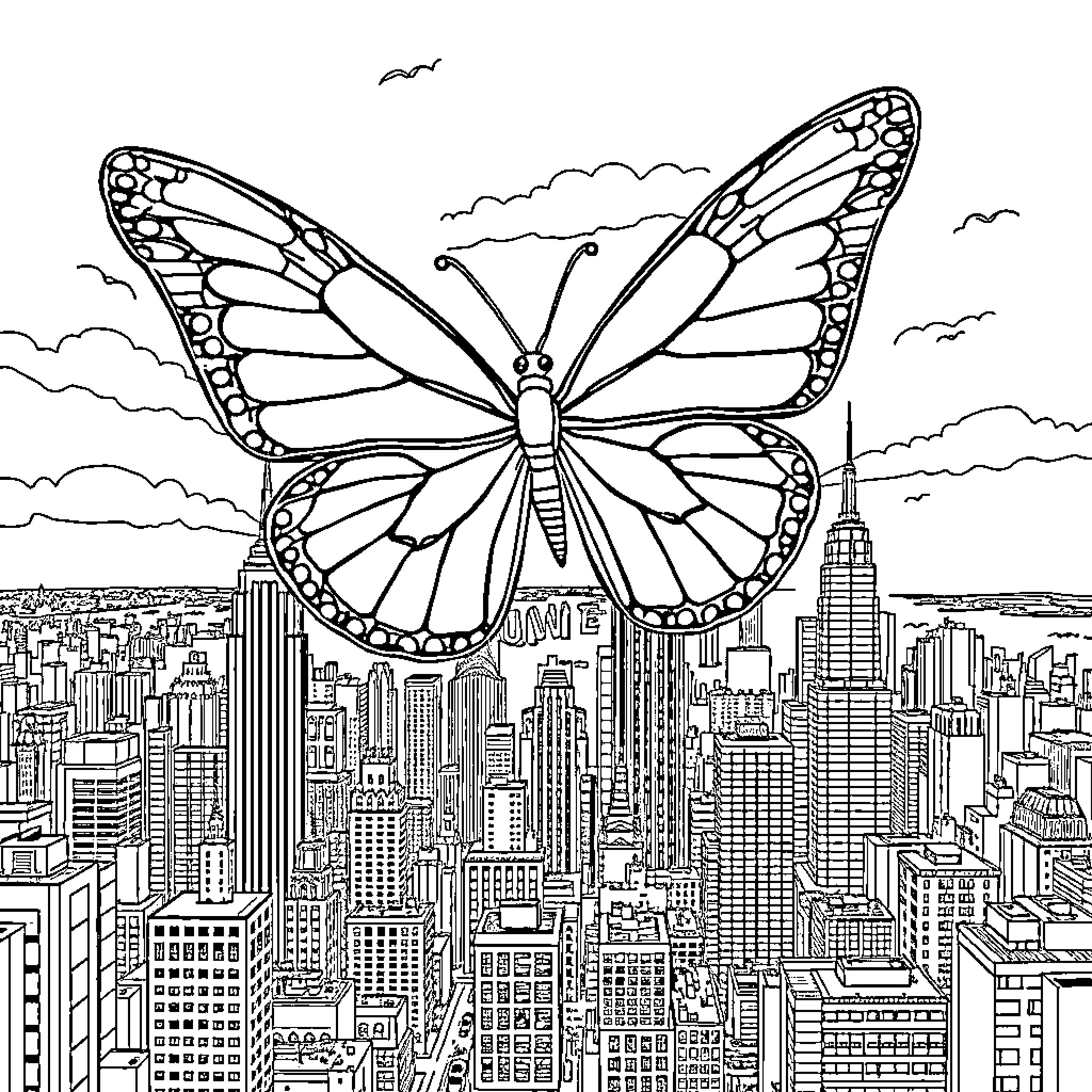Butterfly soaring over the city skyline Coloring Page (free black-and-white line drawing printable PDF for all, from beginners to advanced learners, including children, teens, adults, and seniors)