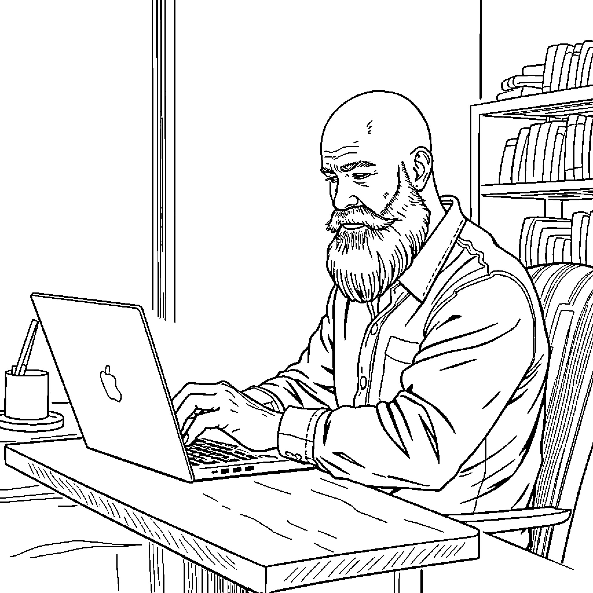 Man working diligently on laptop in home office Coloring Page (free black-and-white line drawing printable PDF for all, from beginners to advanced learners, including children, teens, adults, and seniors)