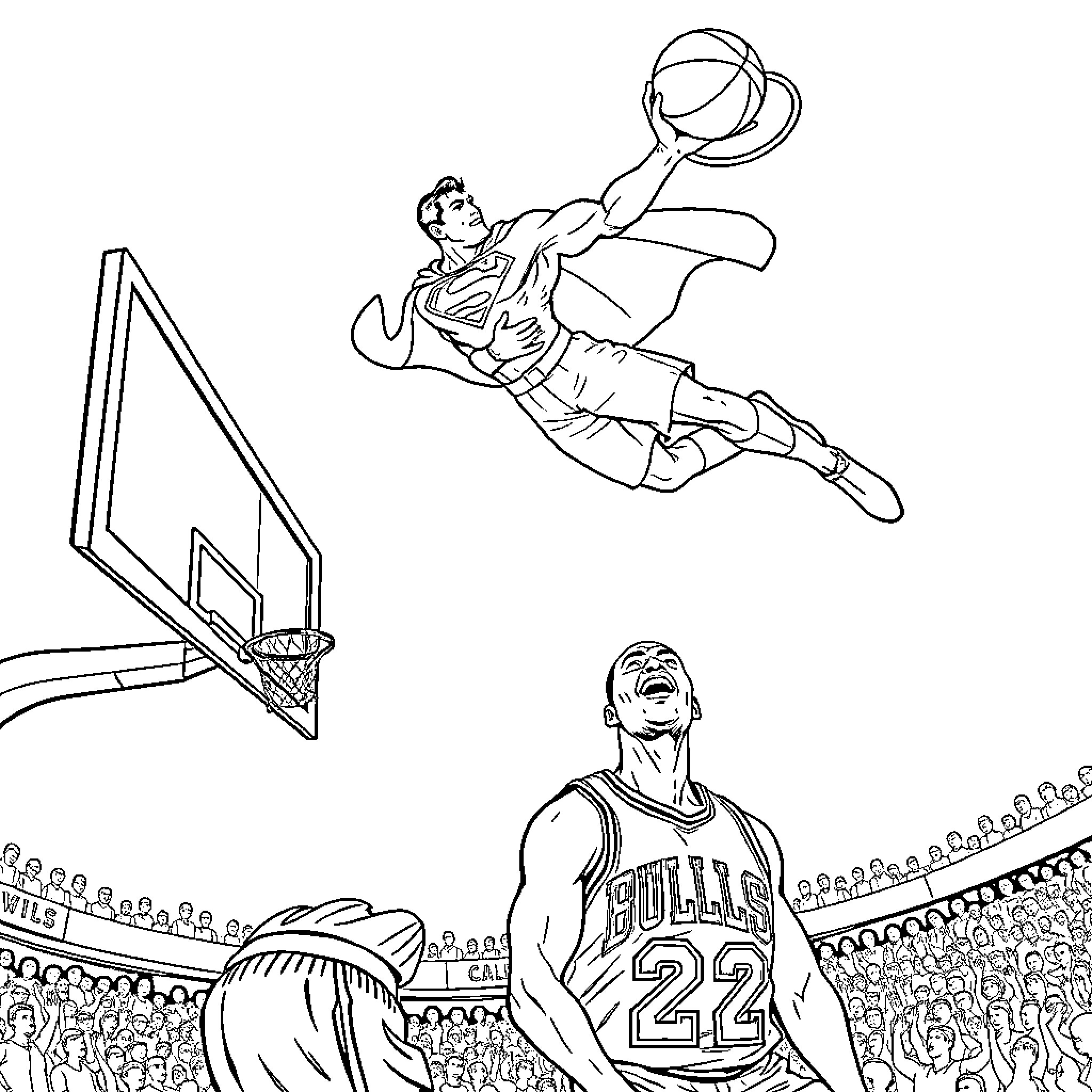 Superman Basketball Showdown on the Court Coloring Page (free black-and-white line drawing printable PDF for all, from beginners to advanced learners, including children, teens, adults, and seniors)