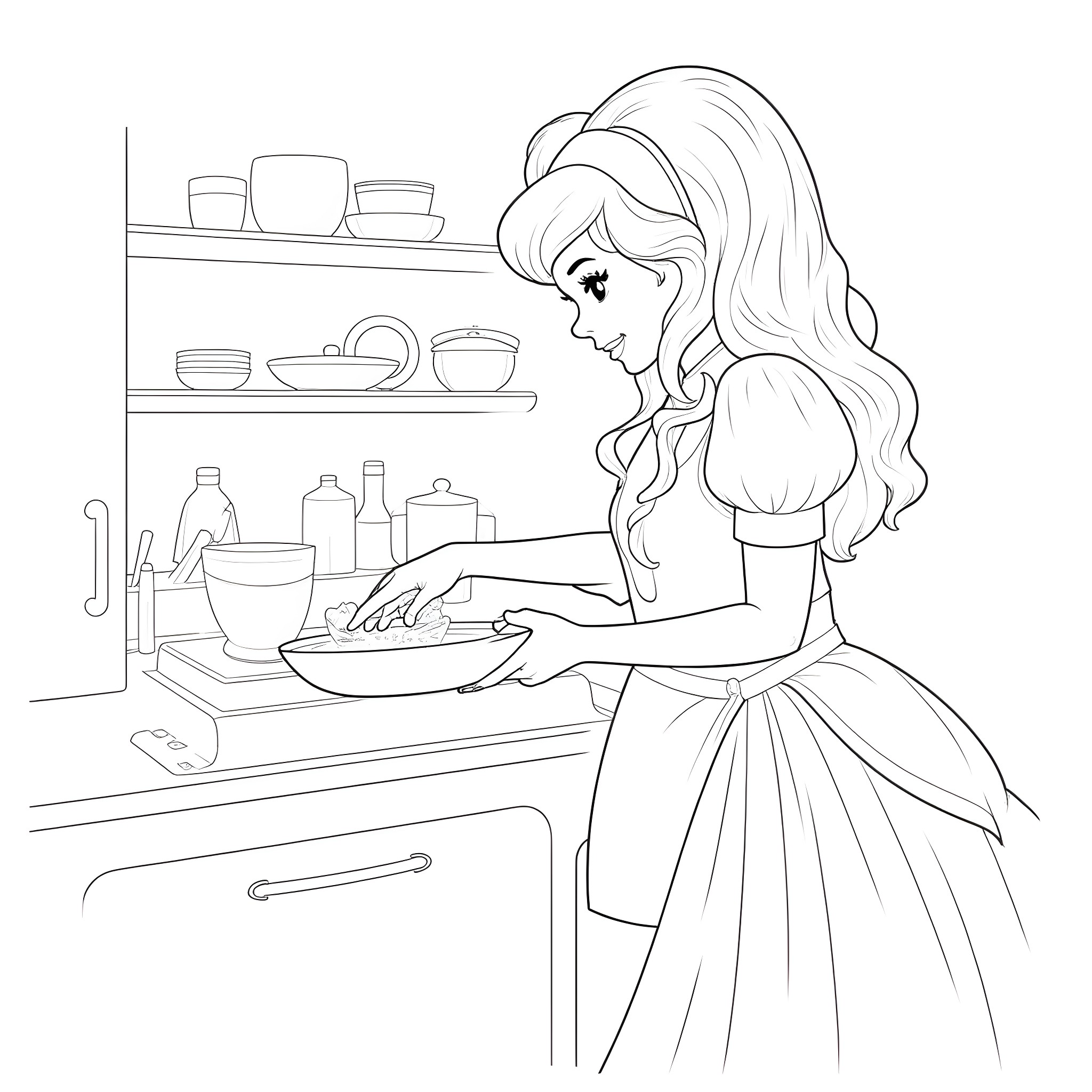 Cinderella cooking in the kitchen Coloring Page (free black-and-white line drawing printable PDF for all, from beginners to advanced learners, including children, teens, adults, and seniors)