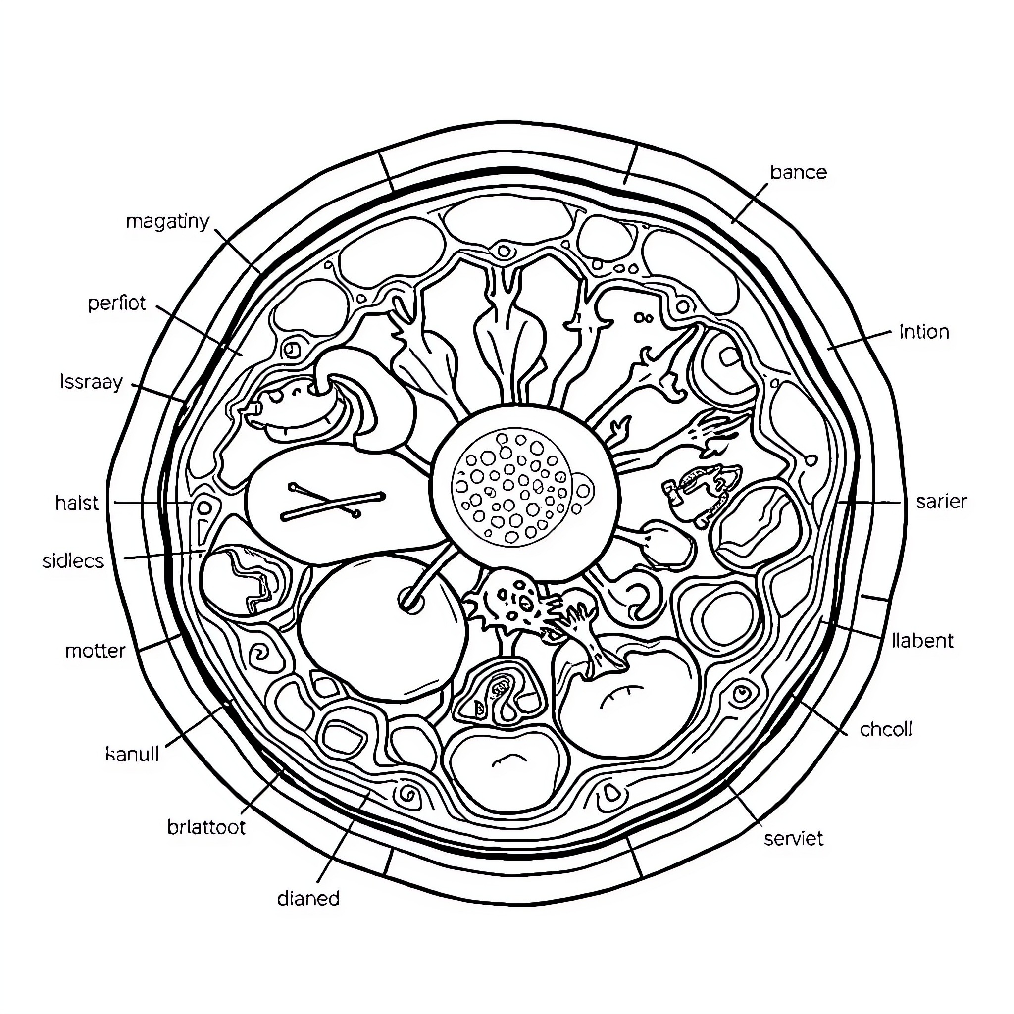 Eukaryotic Cell Detailed Diagram with Labeled Parts Coloring Page (free black-and-white line drawing printable PDF for all, from beginners to advanced learners, including children, teens, adults, and seniors)