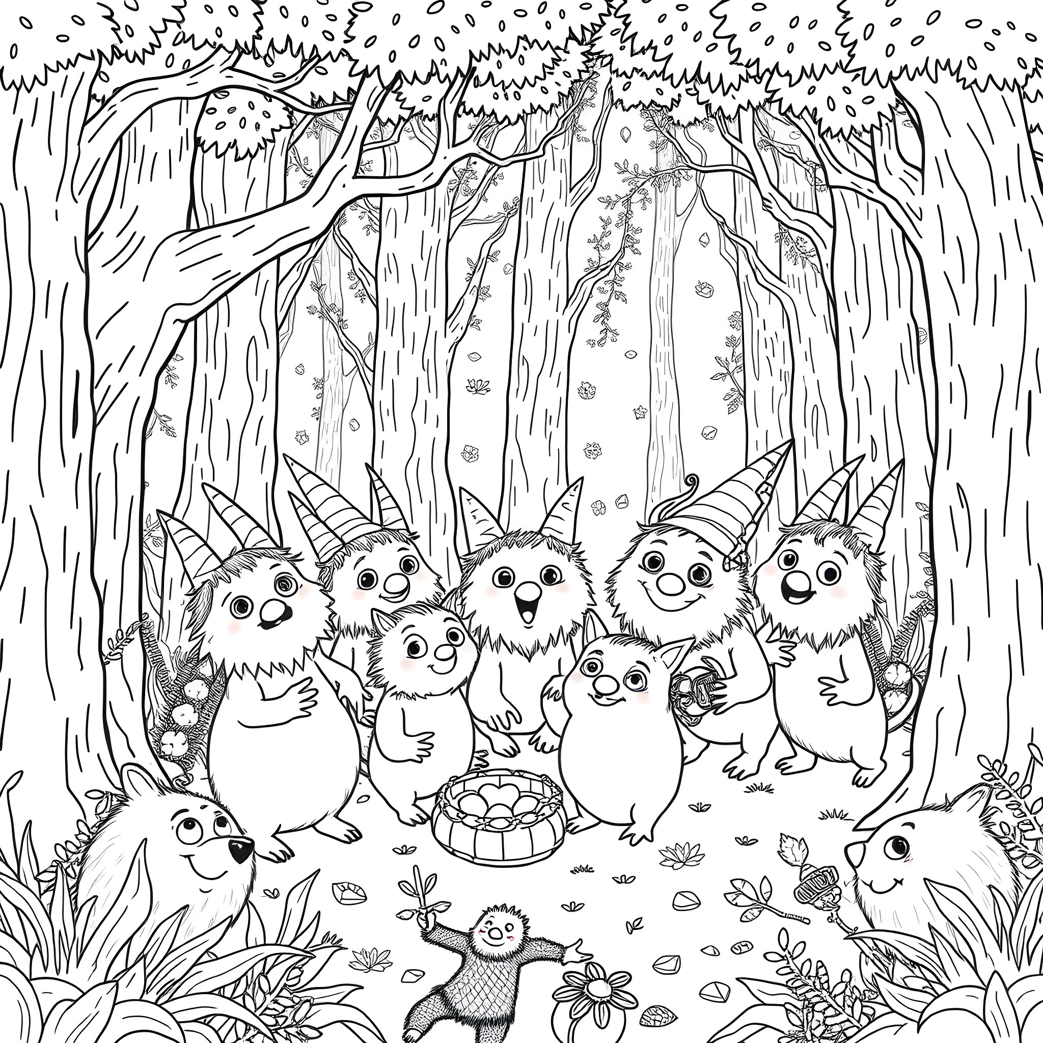 Kramkusinerna's Whimsical Forest Frolic Coloring Page (free black-and-white line drawing printable PDF for all, from beginners to advanced learners, including children, teens, adults, and seniors)