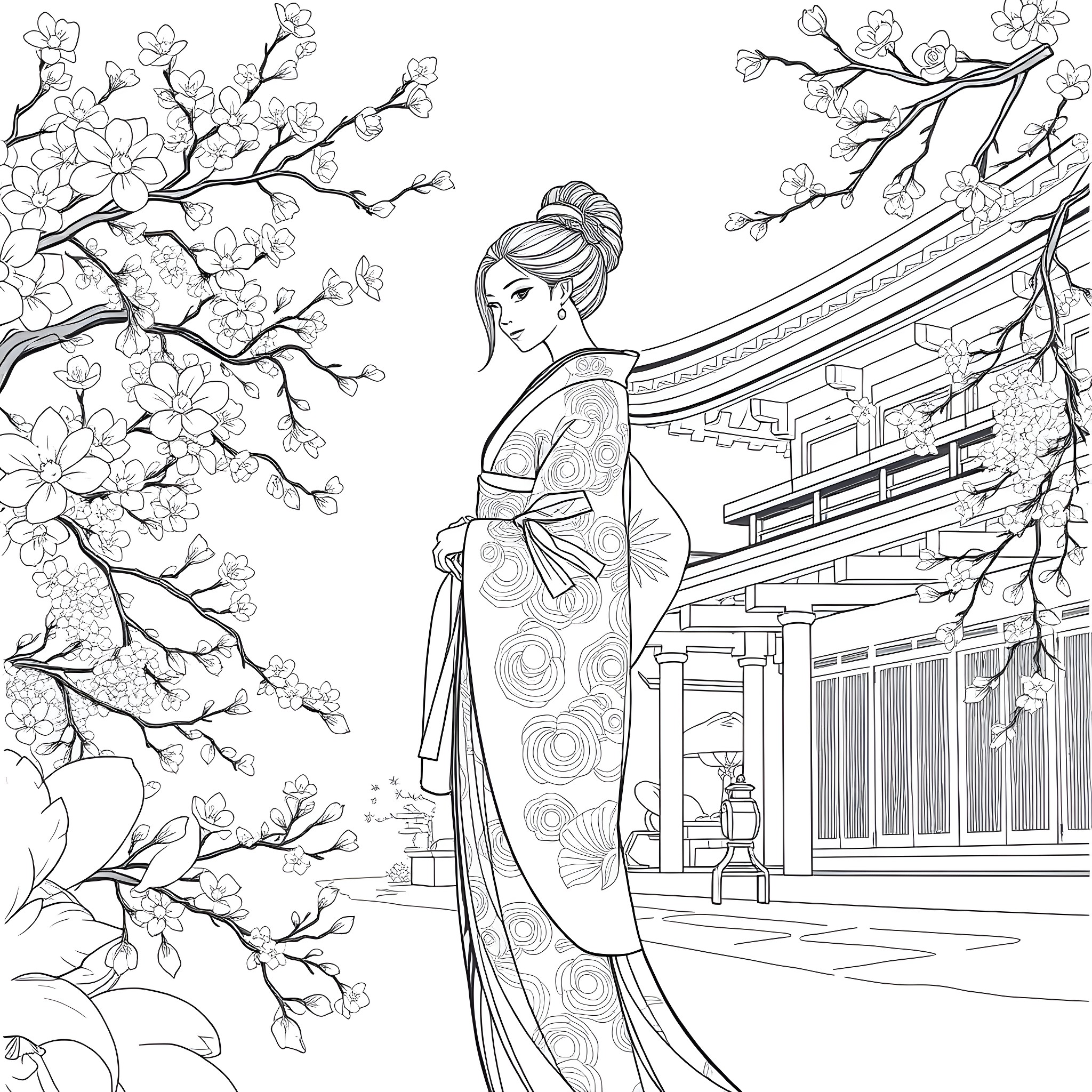 Woman in Kimono Admiring Cherry Blossoms Coloring Page (free black-and-white line drawing printable PDF for all, from beginners to advanced learners, including children, teens, adults, and seniors)