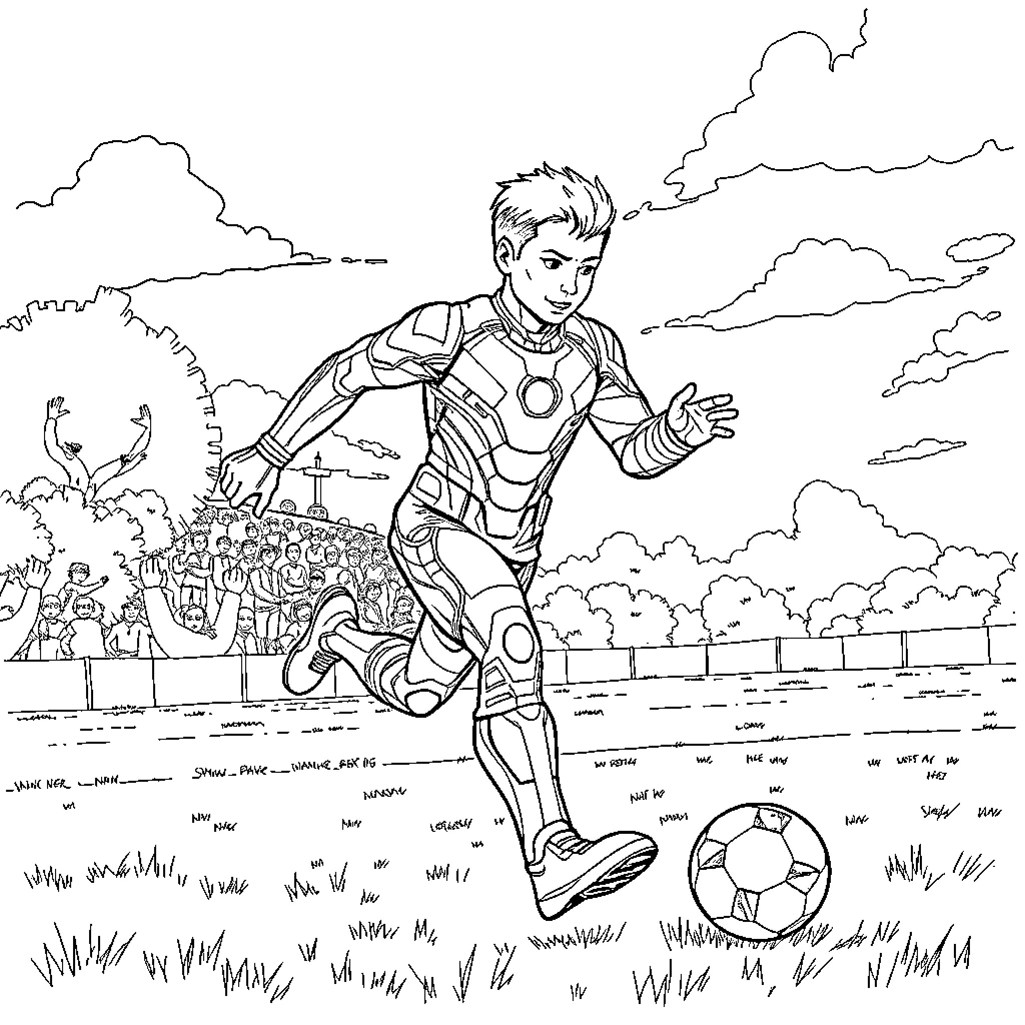 Iron Man playing soccer with crowd in the background Coloring Page (free black-and-white line drawing printable PDF for all, from beginners to advanced learners, including children, teens, adults, and seniors)