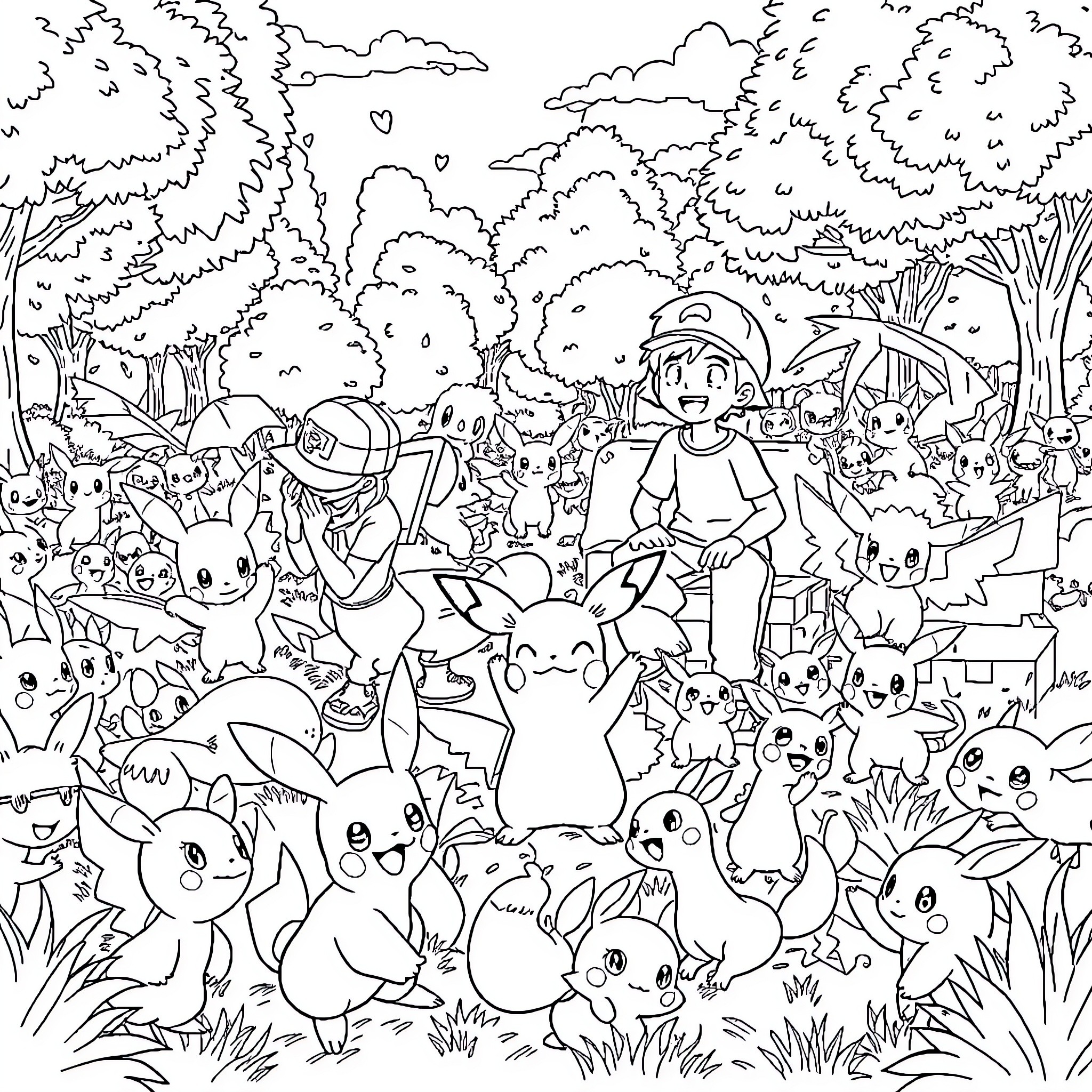 Pokémon characters gathering in a magical forest Coloring Page (free black-and-white line drawing printable PDF for all, from beginners to advanced learners, including children, teens, adults, and seniors)