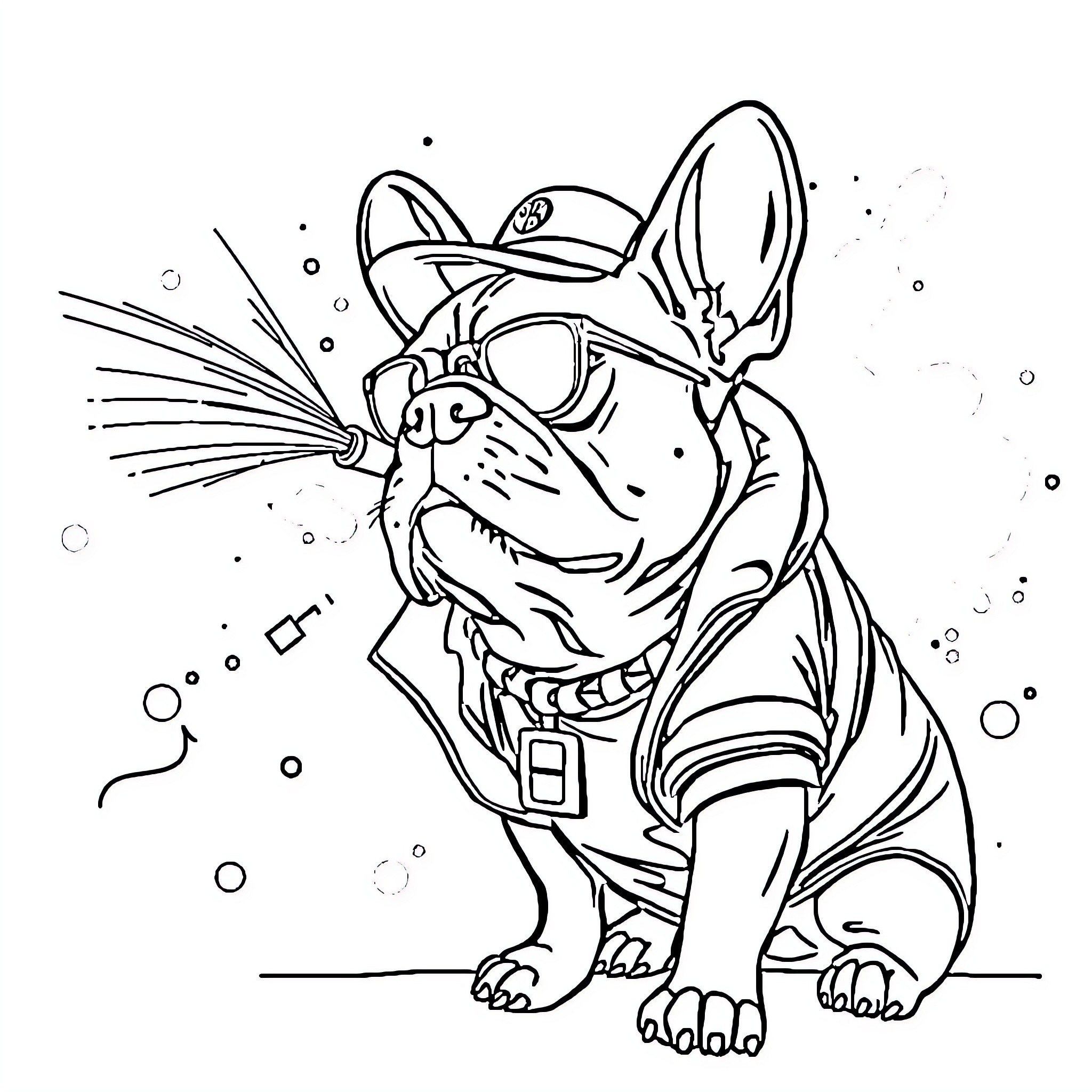 French Bulldog wearing a fun costume Coloring Page (free black-and-white line drawing printable PDF for all, from beginners to advanced learners, including children, teens, adults, and seniors)