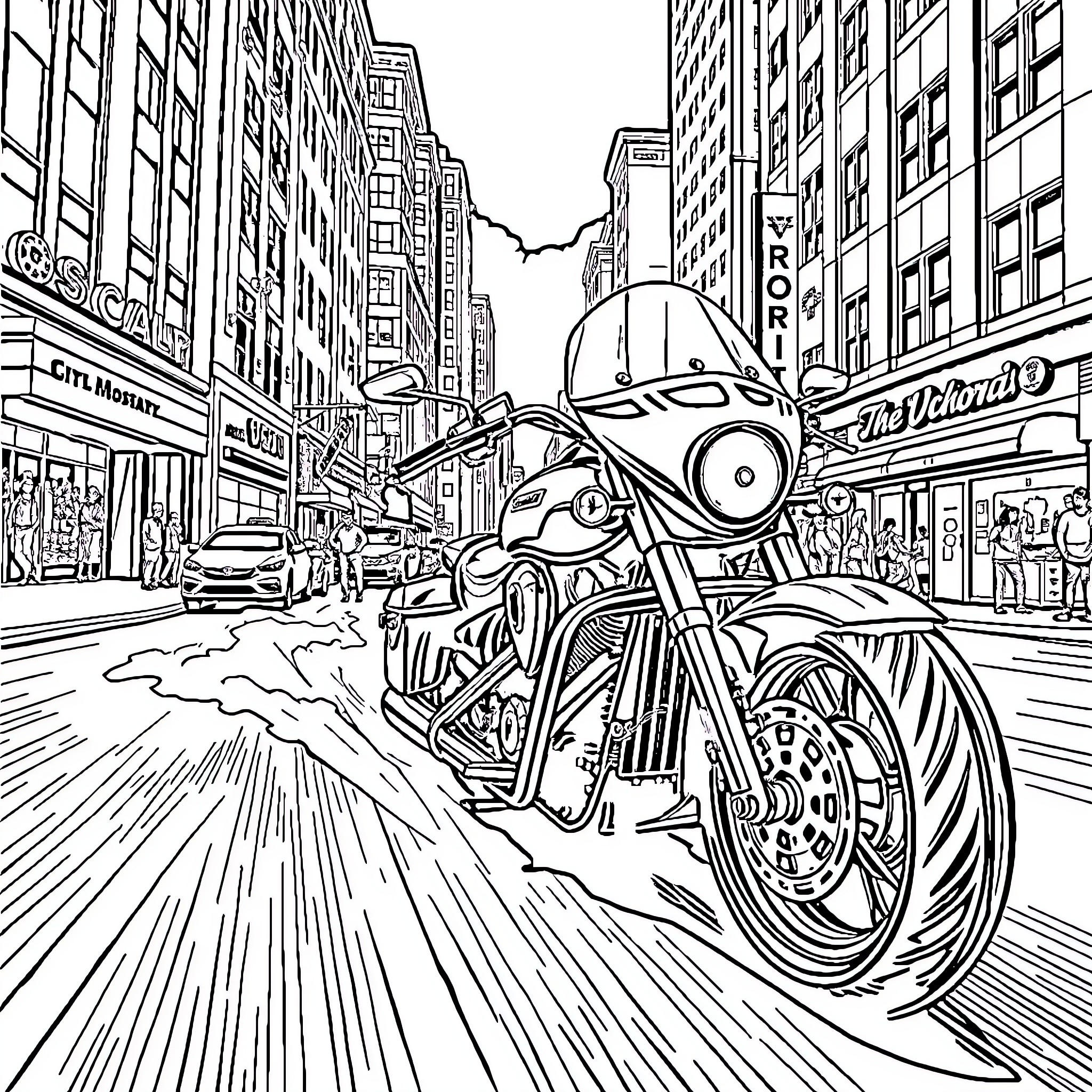 Motorcycle speeding through busy city street Coloring Page (free black-and-white line drawing printable PDF for all, from beginners to advanced learners, including children, teens, adults, and seniors)