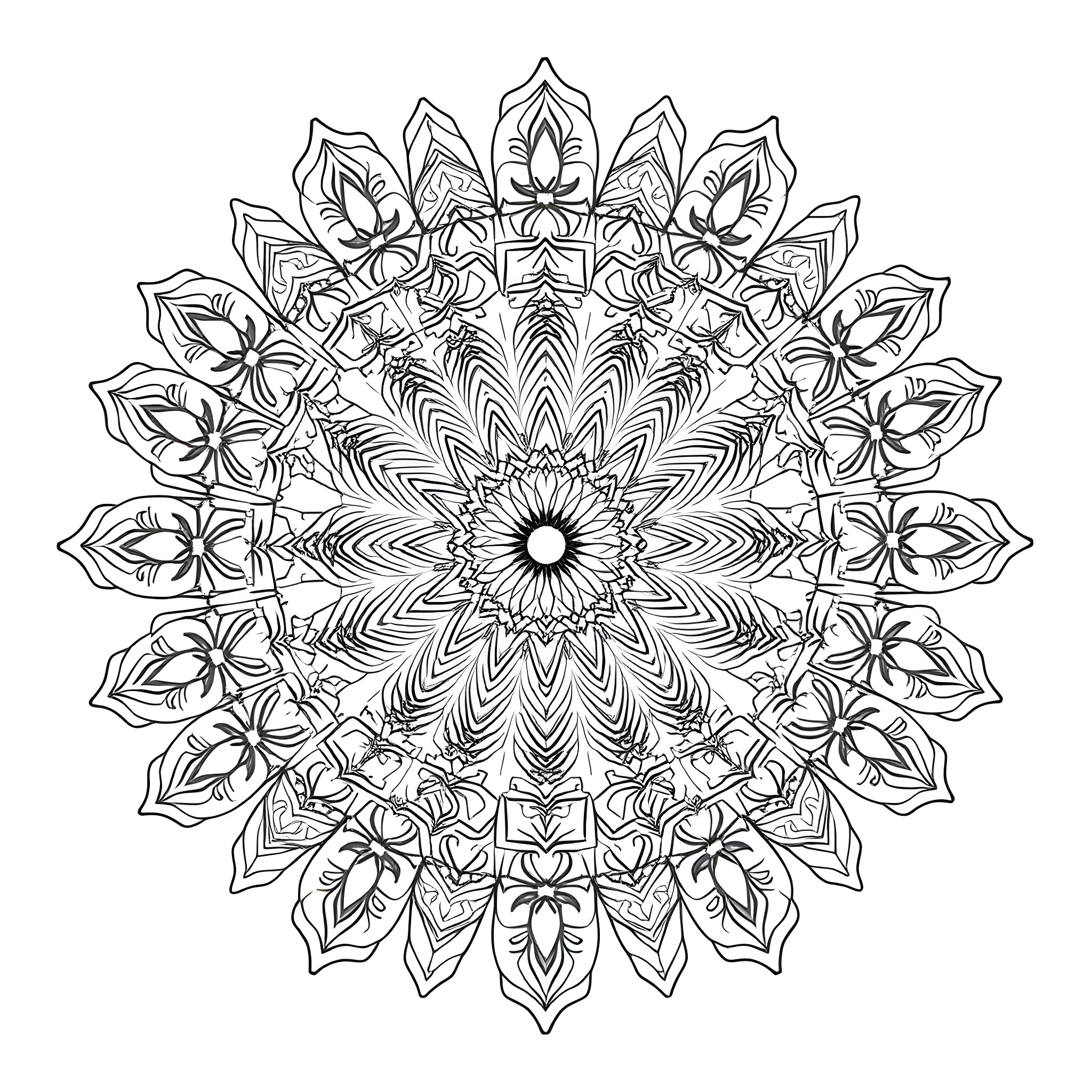 Mandala with intricate floral pattern Coloring Page (free black-and-white line drawing printable PDF for all, from beginners to advanced learners, including children, teens, adults, and seniors)