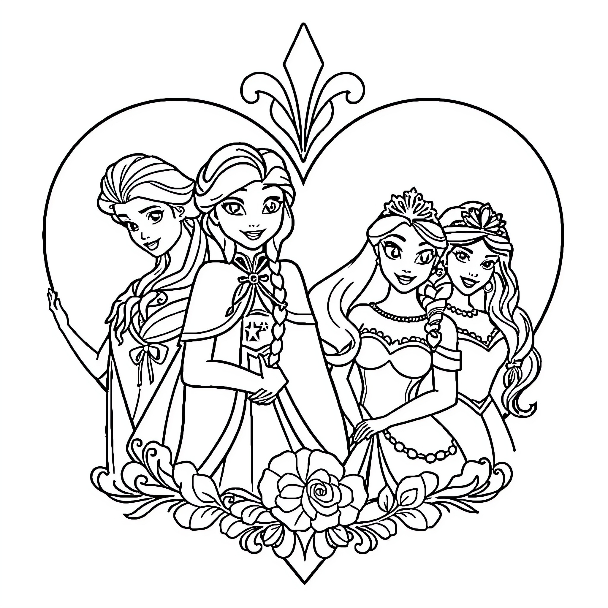 Princess Friends in Elegant Dresses and Accessories Coloring Page (free black-and-white line drawing printable PDF for all, from beginners to advanced learners, including children, teens, adults, and seniors)