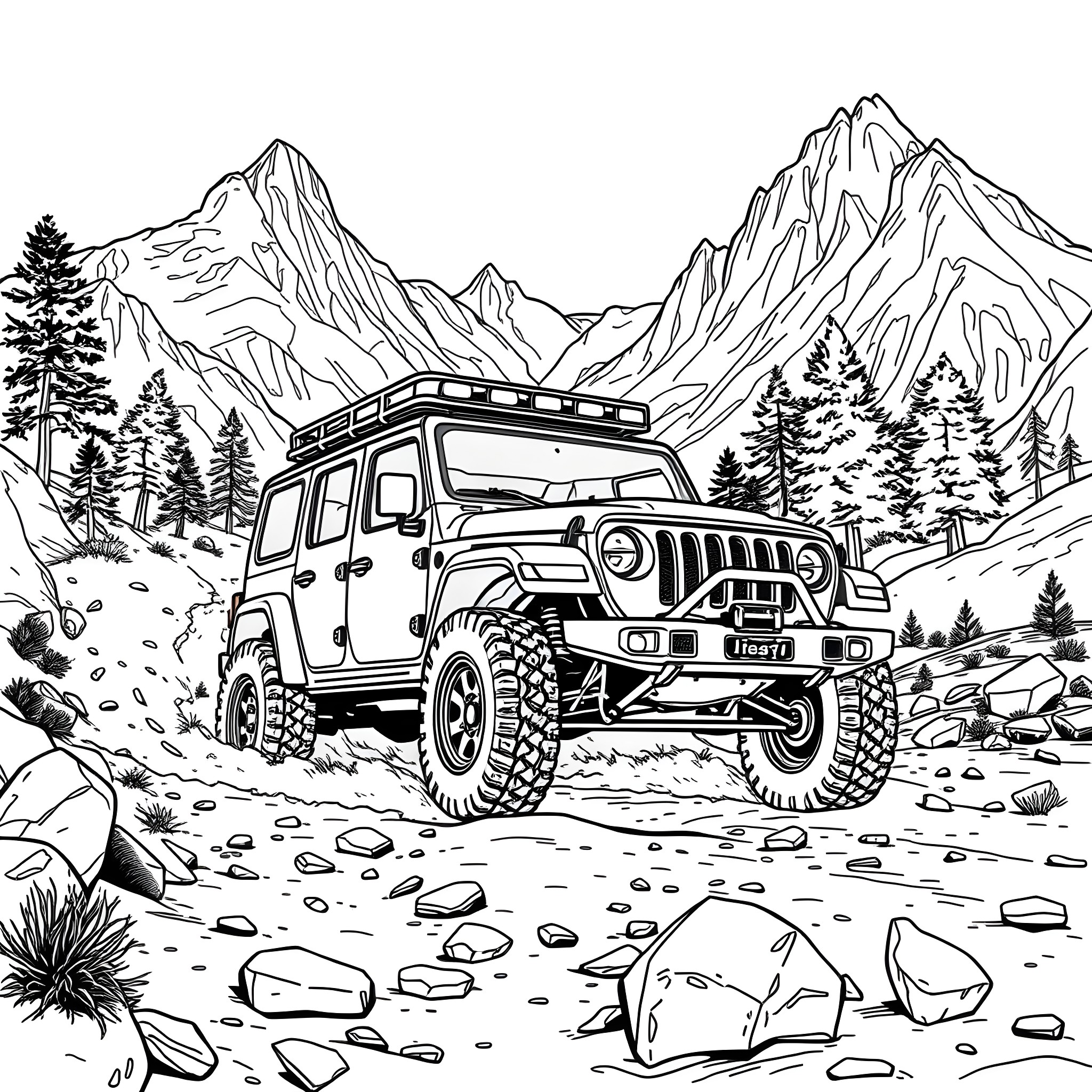 Off-road adventure through rugged mountain terrain Coloring Page (free black-and-white line drawing printable PDF for all, from beginners to advanced learners, including children, teens, adults, and seniors)