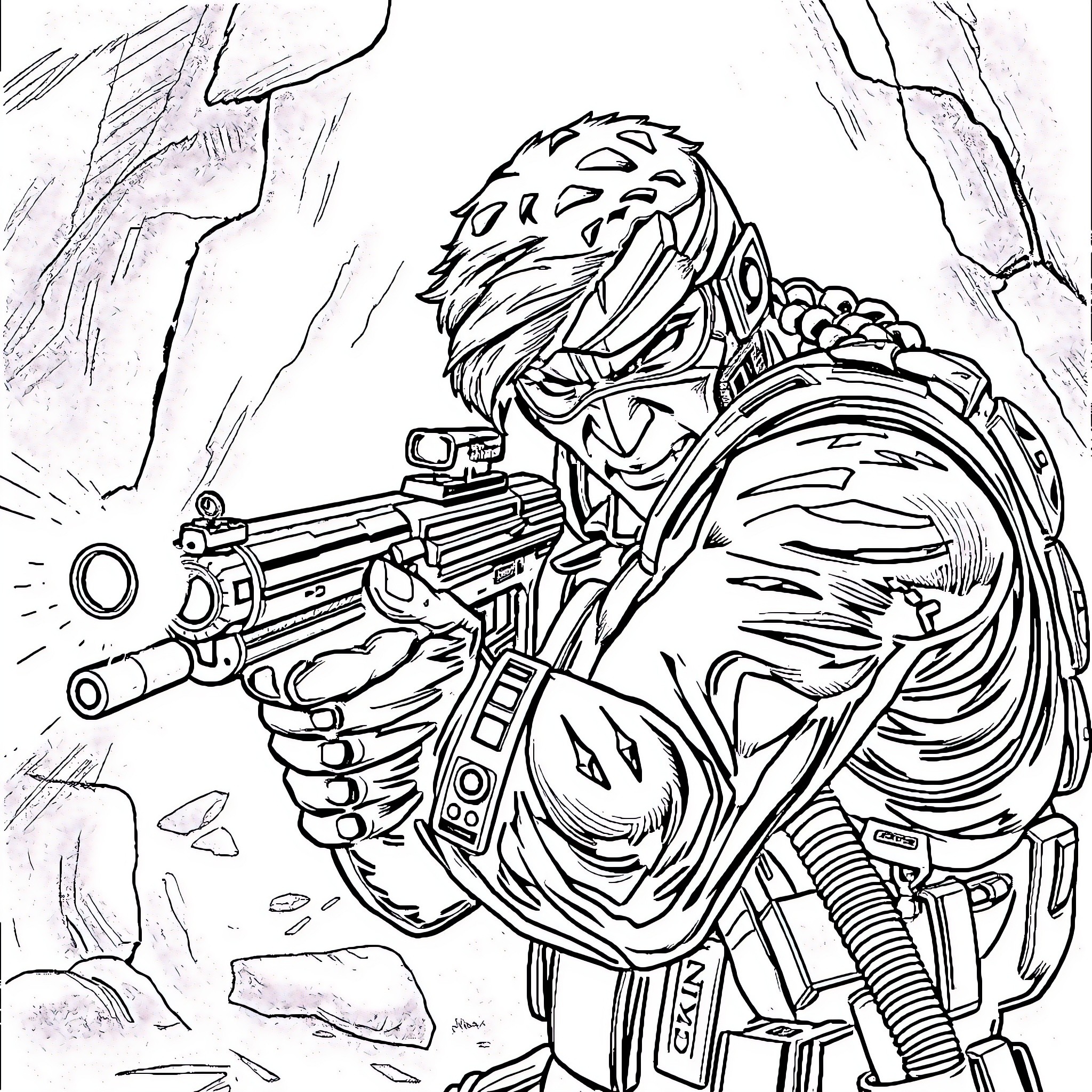 Solid Snake in combat gear wielding a firearm Coloring Page (free black-and-white line drawing printable PDF for all, from beginners to advanced learners, including children, teens, adults, and seniors)