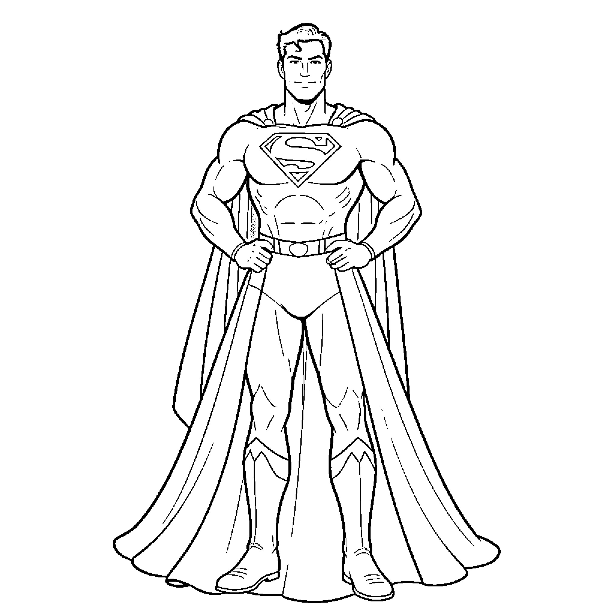 Superman standing heroically in his iconic superhero suit Coloring Page (free black-and-white line drawing printable PDF for all, from beginners to advanced learners, including children, teens, adults, and seniors)