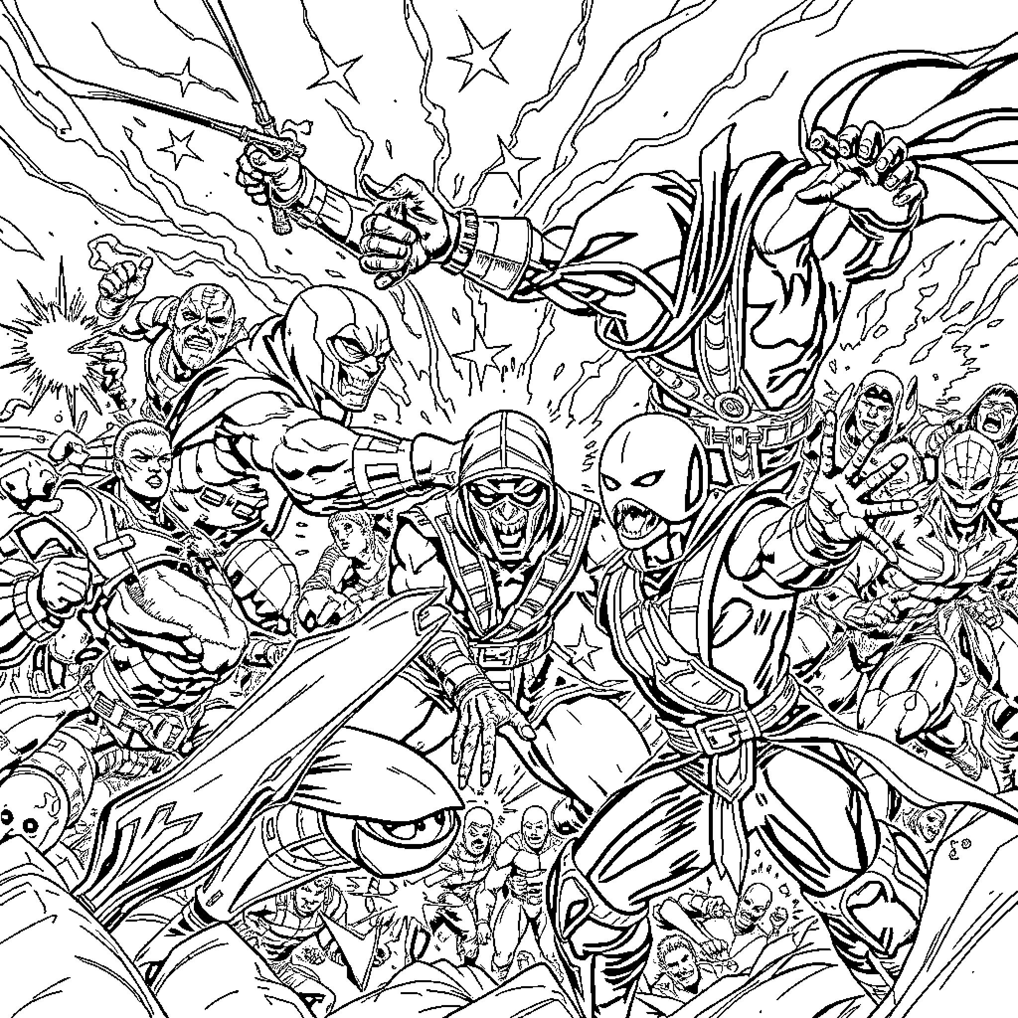 Marvel Heroes in Epic Battle Royale Coloring Page (free black-and-white line drawing printable PDF for all, from beginners to advanced learners, including children, teens, adults, and seniors)