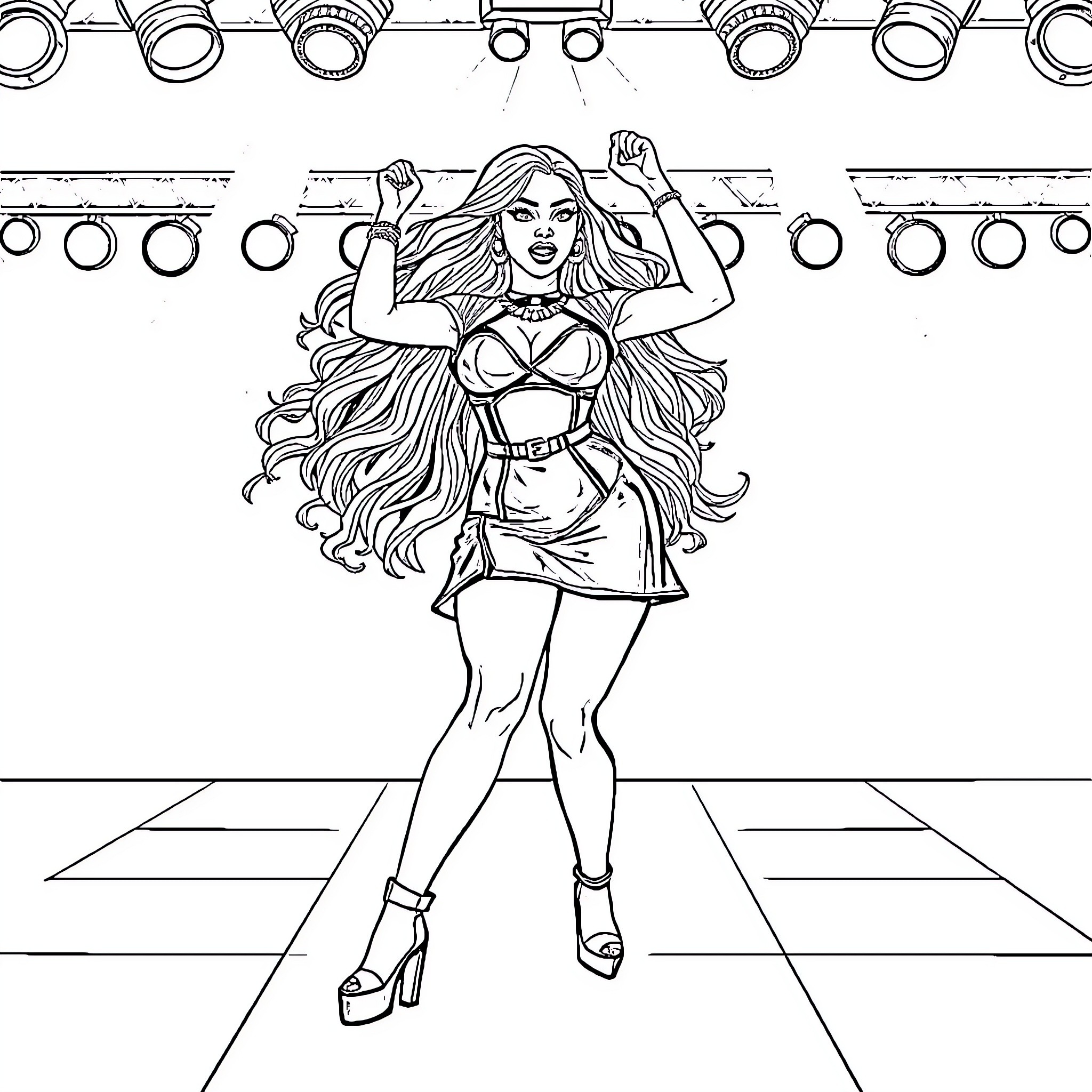 Nicki Minaj Performing on Stage with Confident Pose Coloring Page (free black-and-white line drawing printable PDF for all, from beginners to advanced learners, including children, teens, adults, and seniors)