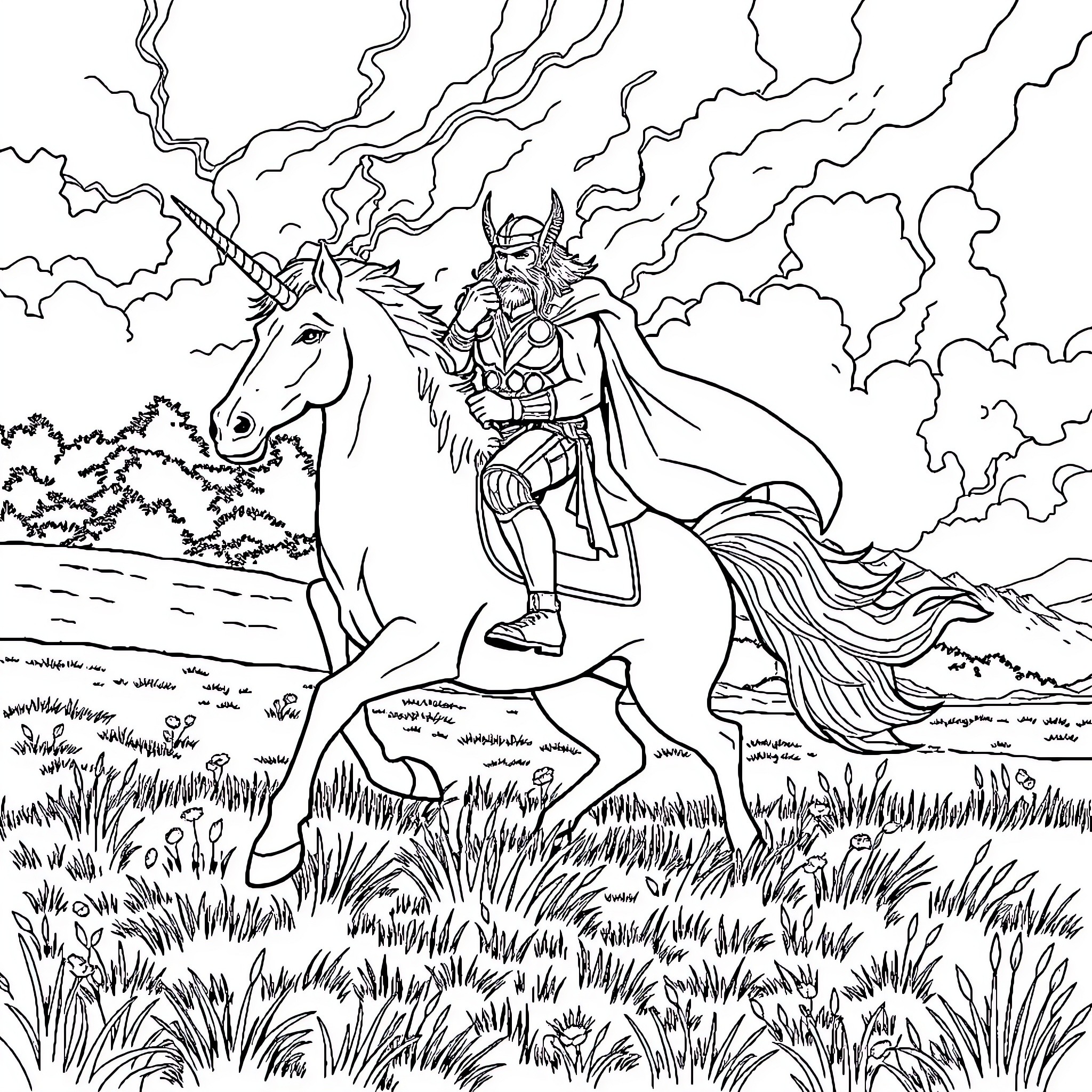 Thor rides a majestic unicorn in an epic fantasy landscape Coloring Page (free black-and-white line drawing printable PDF for all, from beginners to advanced learners, including children, teens, adults, and seniors)