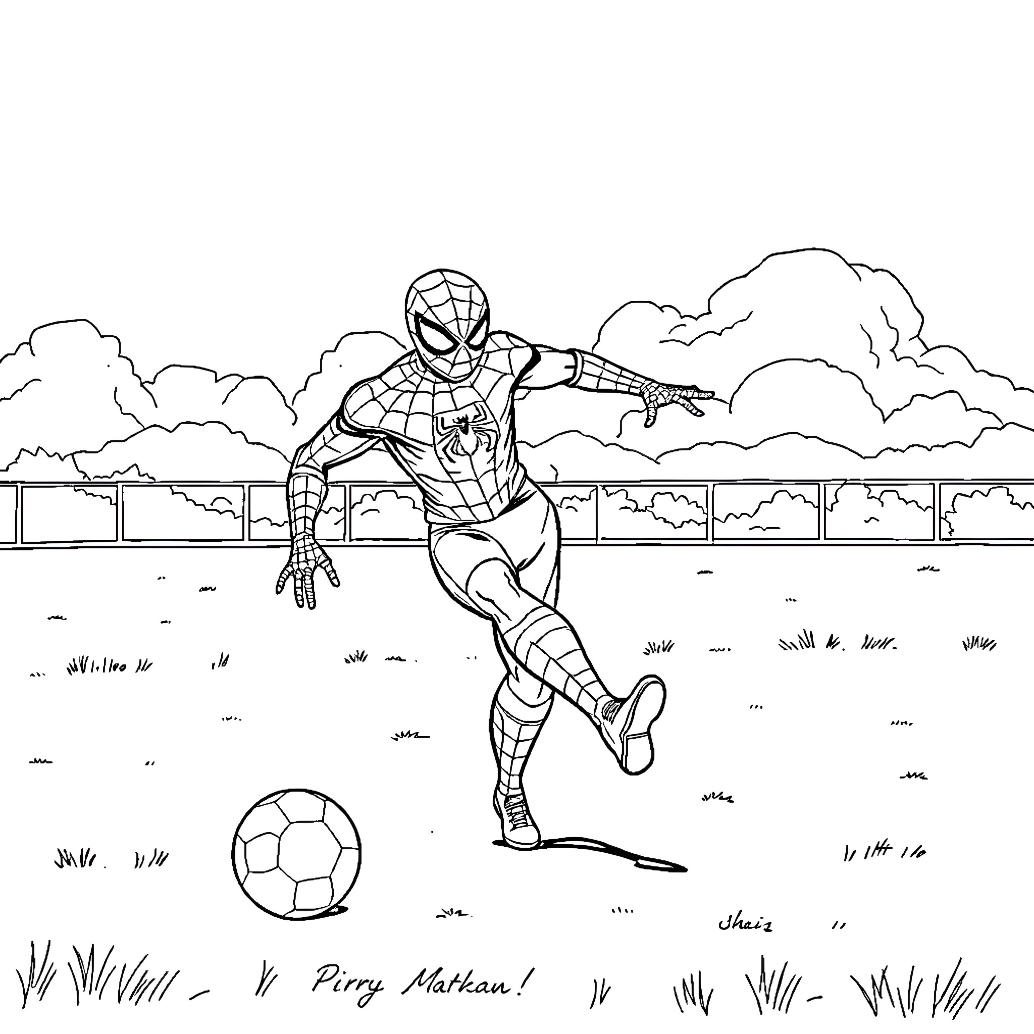 Spider-Man playing soccer in an outdoor setting Coloring Page (free black-and-white line drawing printable PDF for all, from beginners to advanced learners, including children, teens, adults, and seniors)