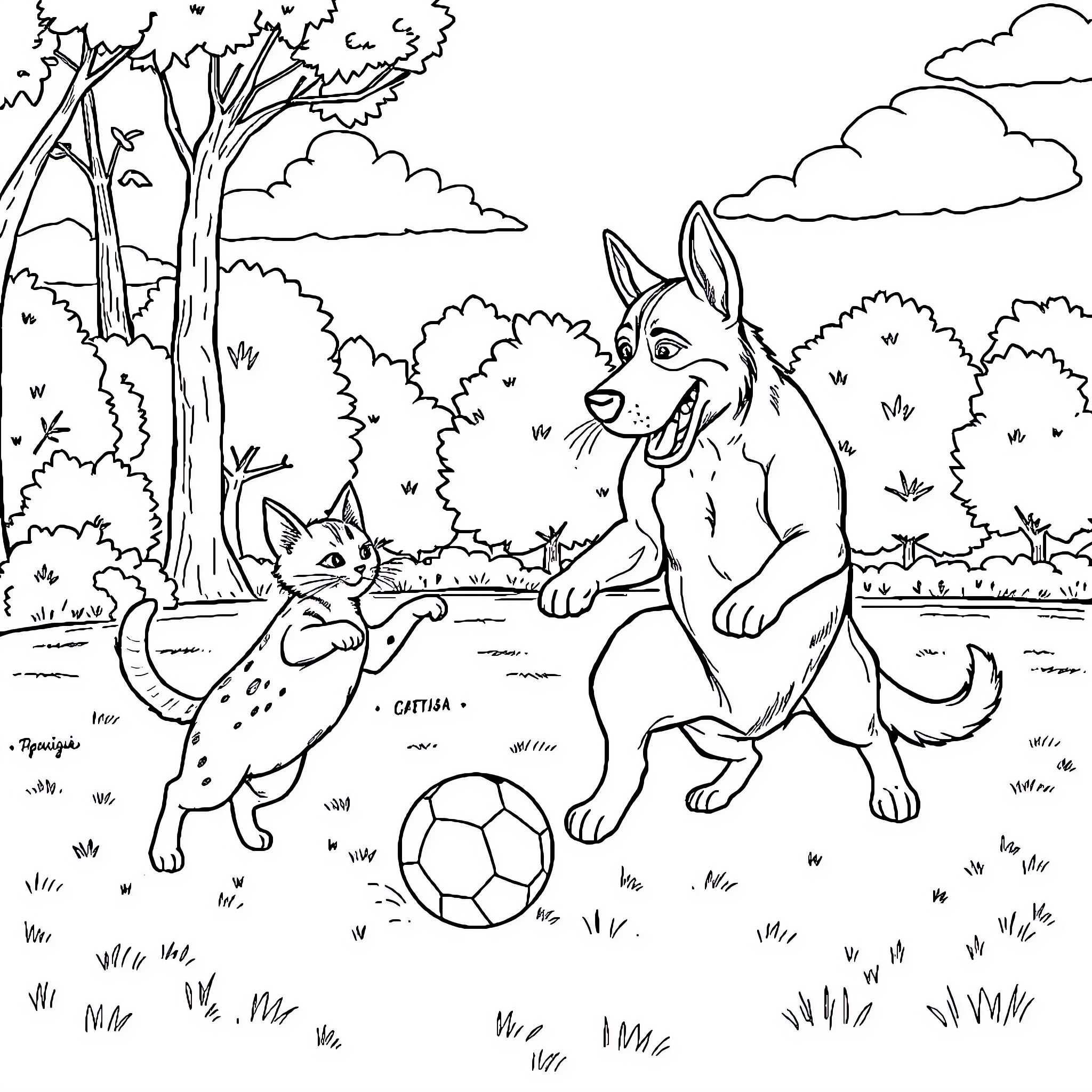 Gato playing soccer with friends in the park Coloring Page (free black-and-white line drawing printable PDF for all, from beginners to advanced learners, including children, teens, adults, and seniors)