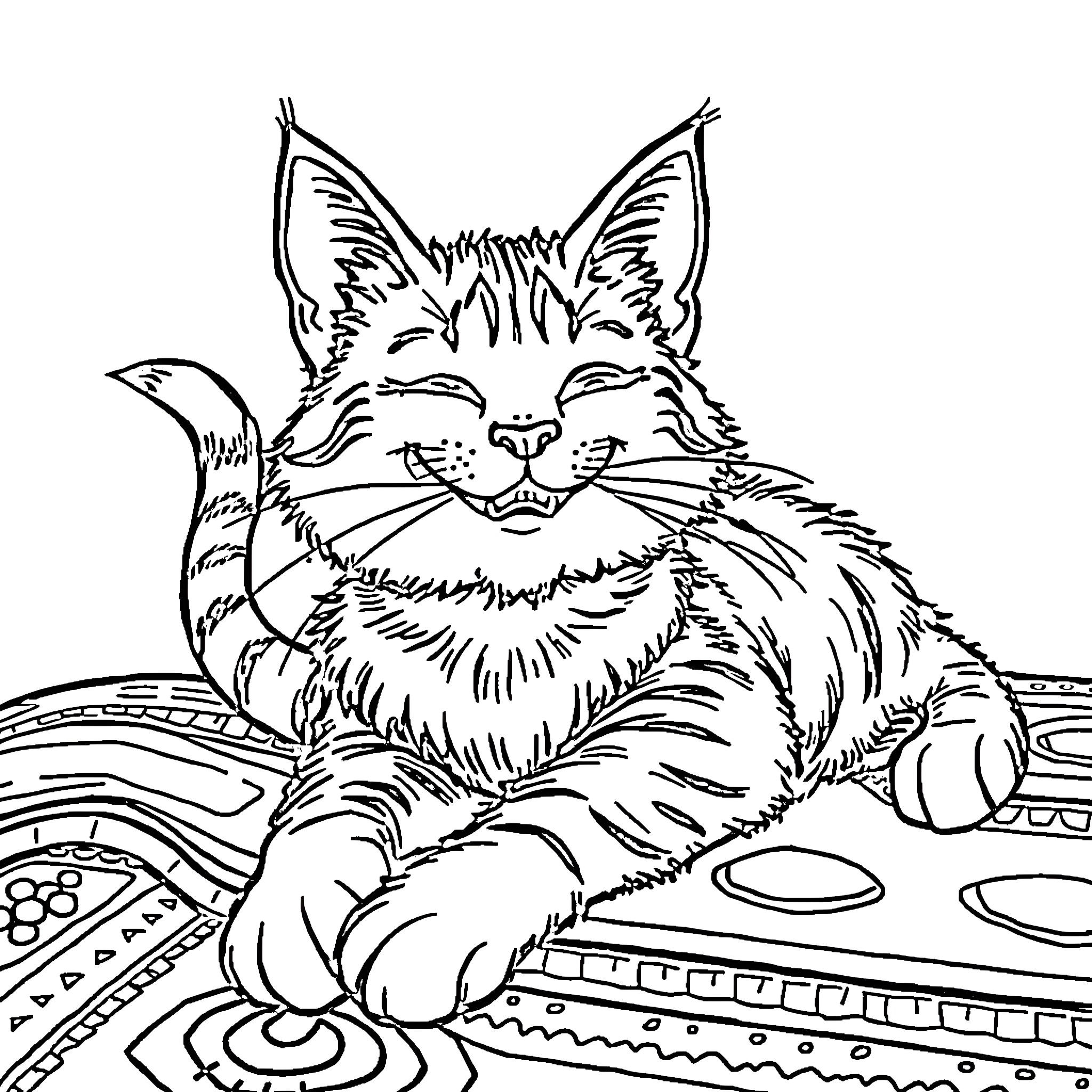 Cat resting on patterned surface Coloring Page (free black-and-white line drawing printable PDF for all, from beginners to advanced learners, including children, teens, adults, and seniors)