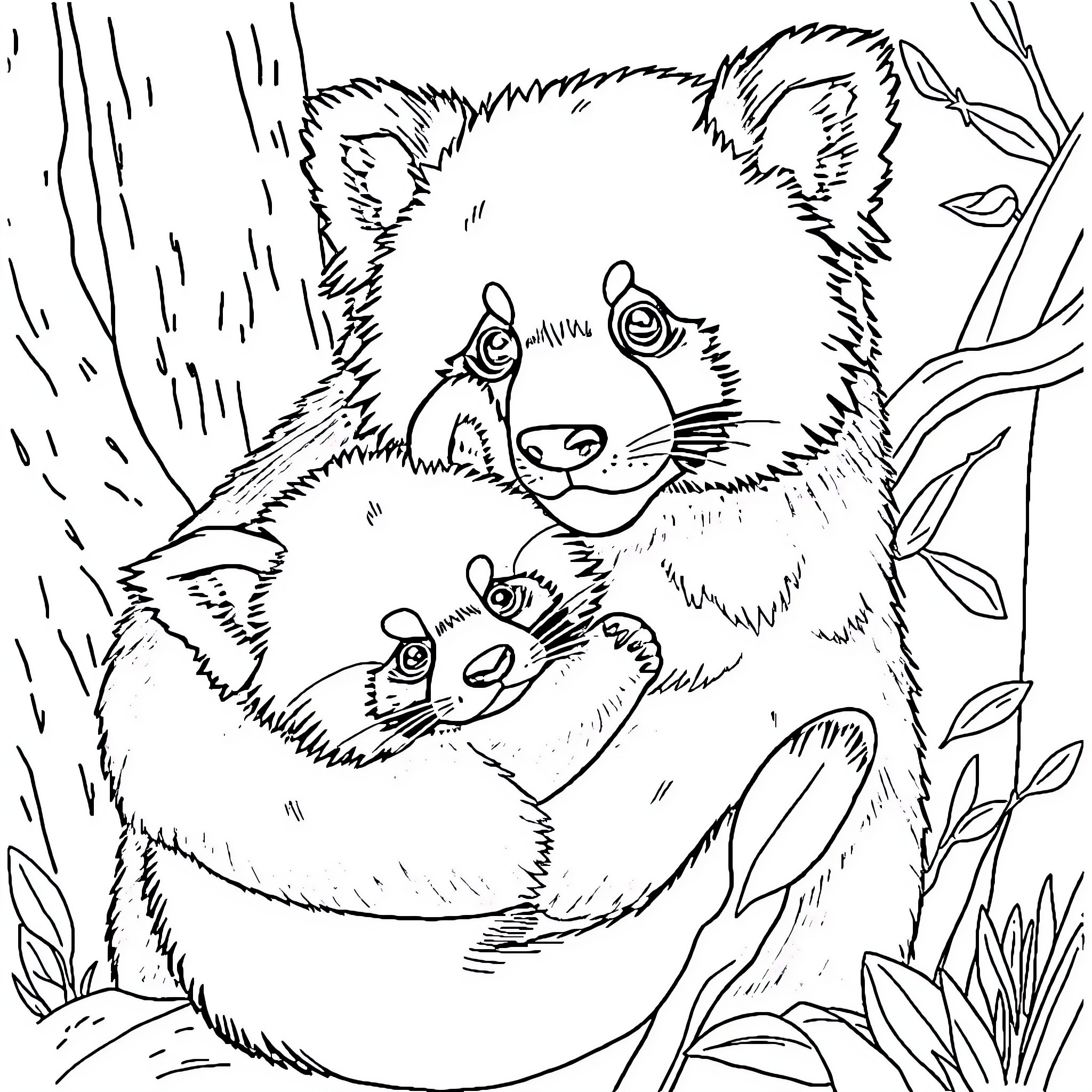 Panda family cuddling in forest Coloring Page (free black-and-white line drawing printable PDF for all, from beginners to advanced learners, including children, teens, adults, and seniors)