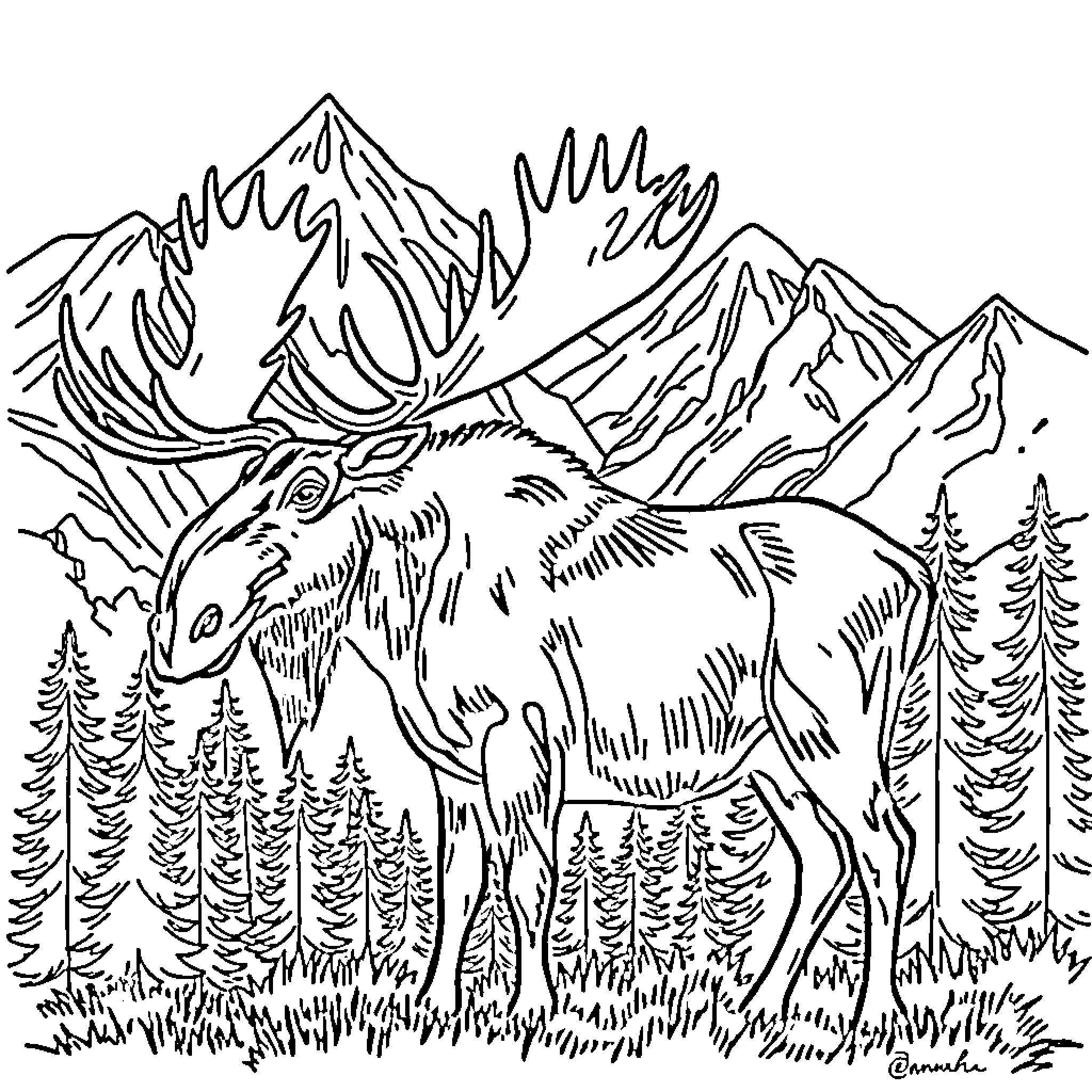 Moose standing amidst mountains and forest Coloring Page (free black-and-white line drawing printable PDF for all, from beginners to advanced learners, including children, teens, adults, and seniors)