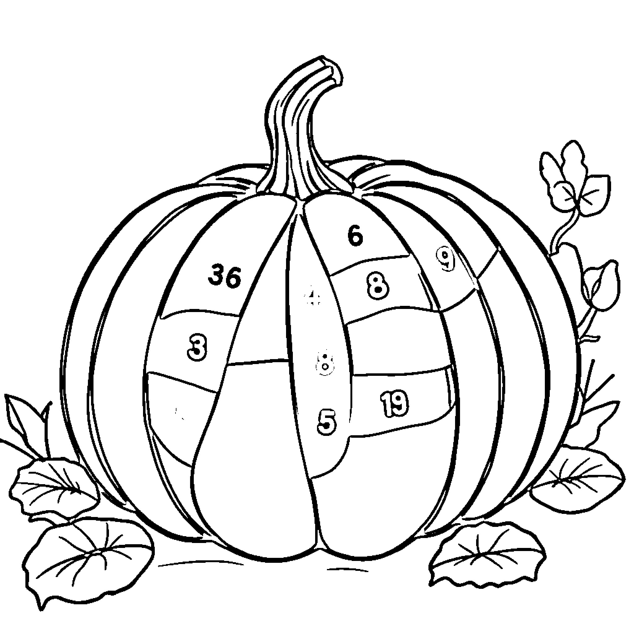 Pumpkin with numbered sections Coloring Page (free black-and-white line drawing printable PDF for all, from beginners to advanced learners, including children, teens, adults, and seniors)