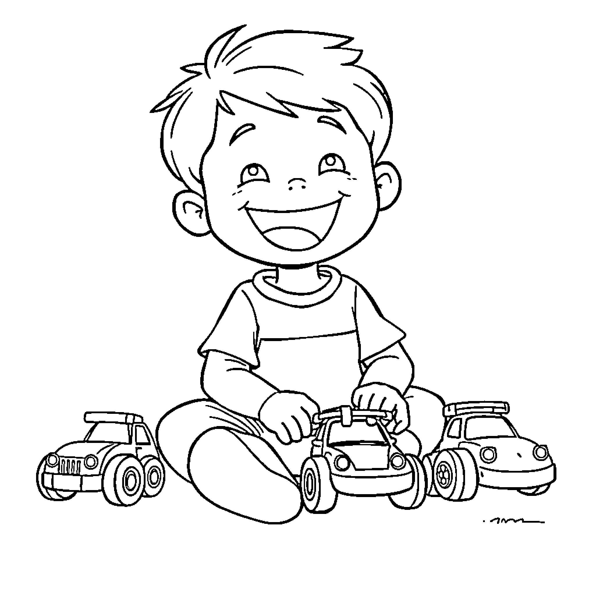 Boy playing happily with toy cars Coloring Page (free black-and-white line drawing printable PDF for all, from beginners to advanced learners, including children, teens, adults, and seniors)