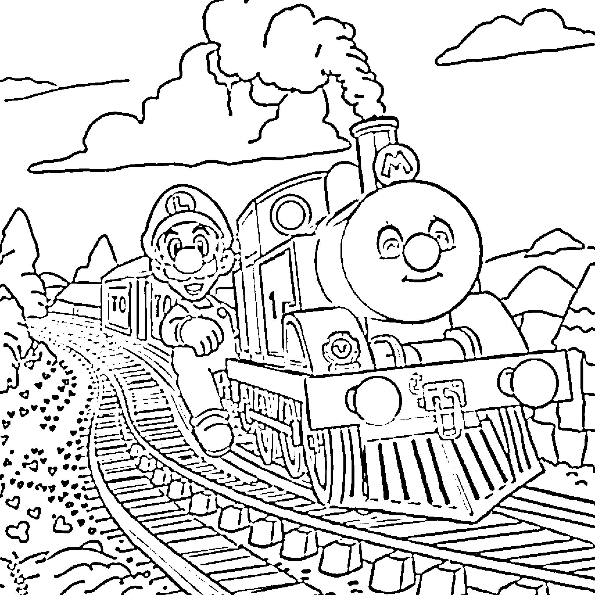 Mario's Magical Train Adventure Coloring Page (free black-and-white line drawing printable PDF for all, from beginners to advanced learners, including children, teens, adults, and seniors)