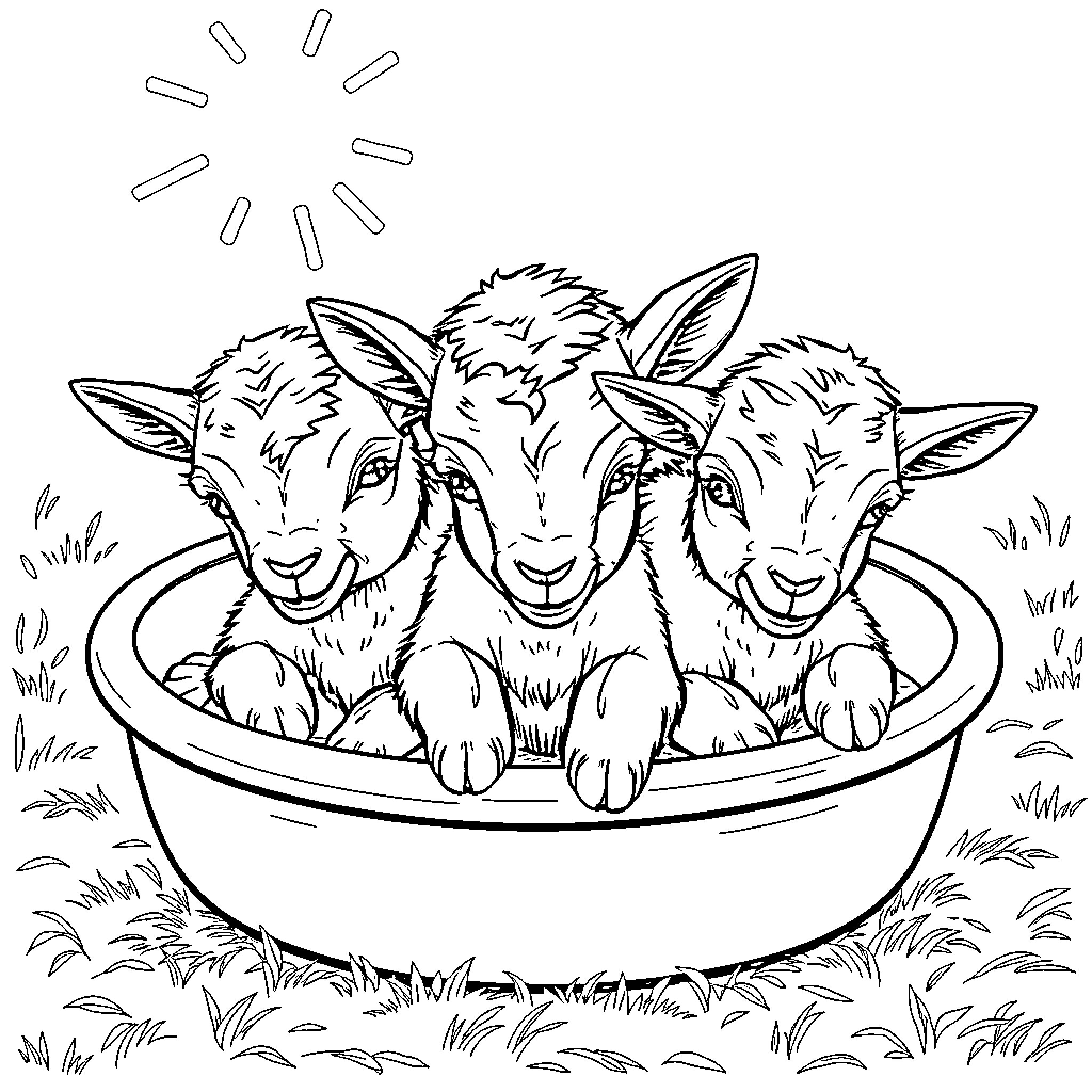 Goat trio relaxing in a bowl Coloring Page (free black-and-white line drawing printable PDF for all, from beginners to advanced learners, including children, teens, adults, and seniors)