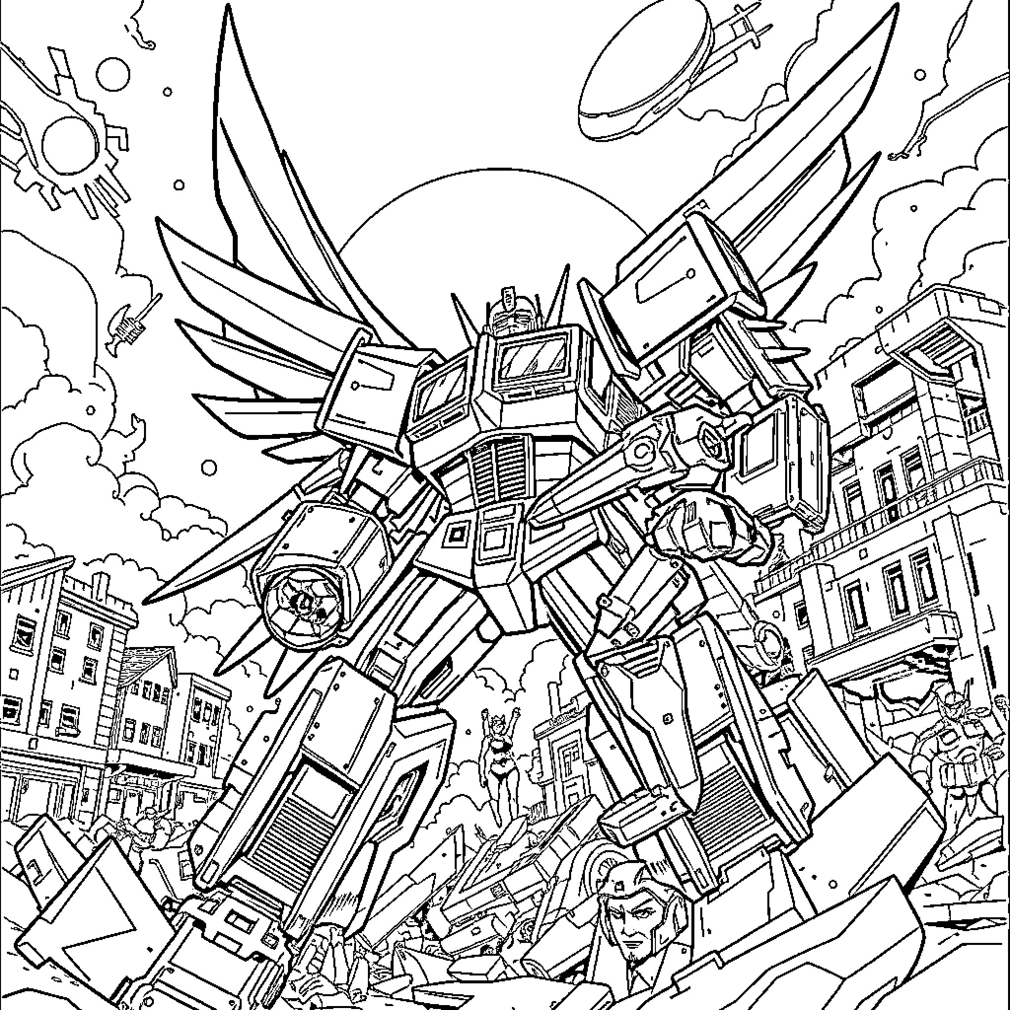 Goldorak's epic battle in the city Coloring Page (free black-and-white line drawing printable PDF for all, from beginners to advanced learners, including children, teens, adults, and seniors)