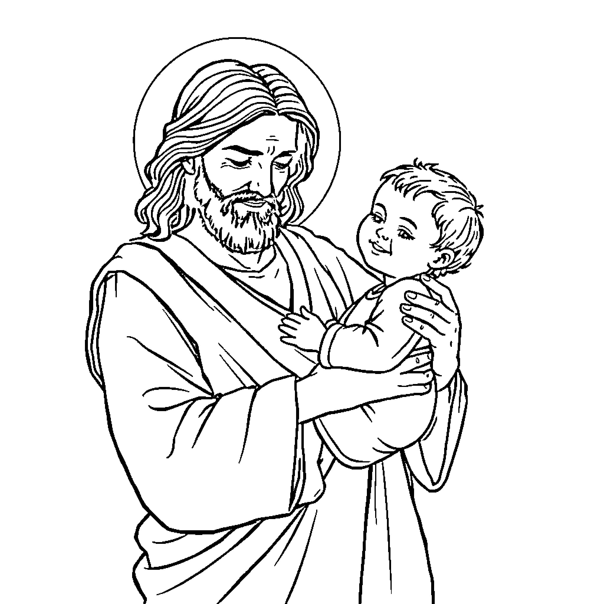 Jesus embracing a child with compassion Coloring Page (free black-and-white line drawing printable PDF for all, from beginners to advanced learners, including children, teens, adults, and seniors)