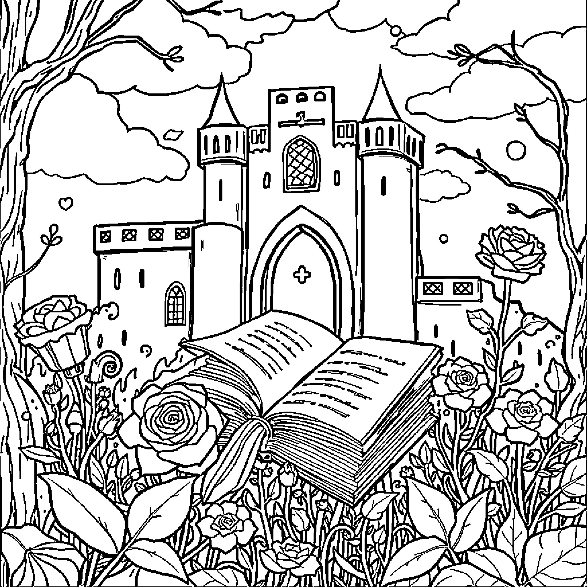 Court of Thorns and Roses: Fantasy Castle in Enchanted Garden Coloring Page (free black-and-white line drawing printable PDF for all, from beginners to advanced learners, including children, teens, adults, and seniors)