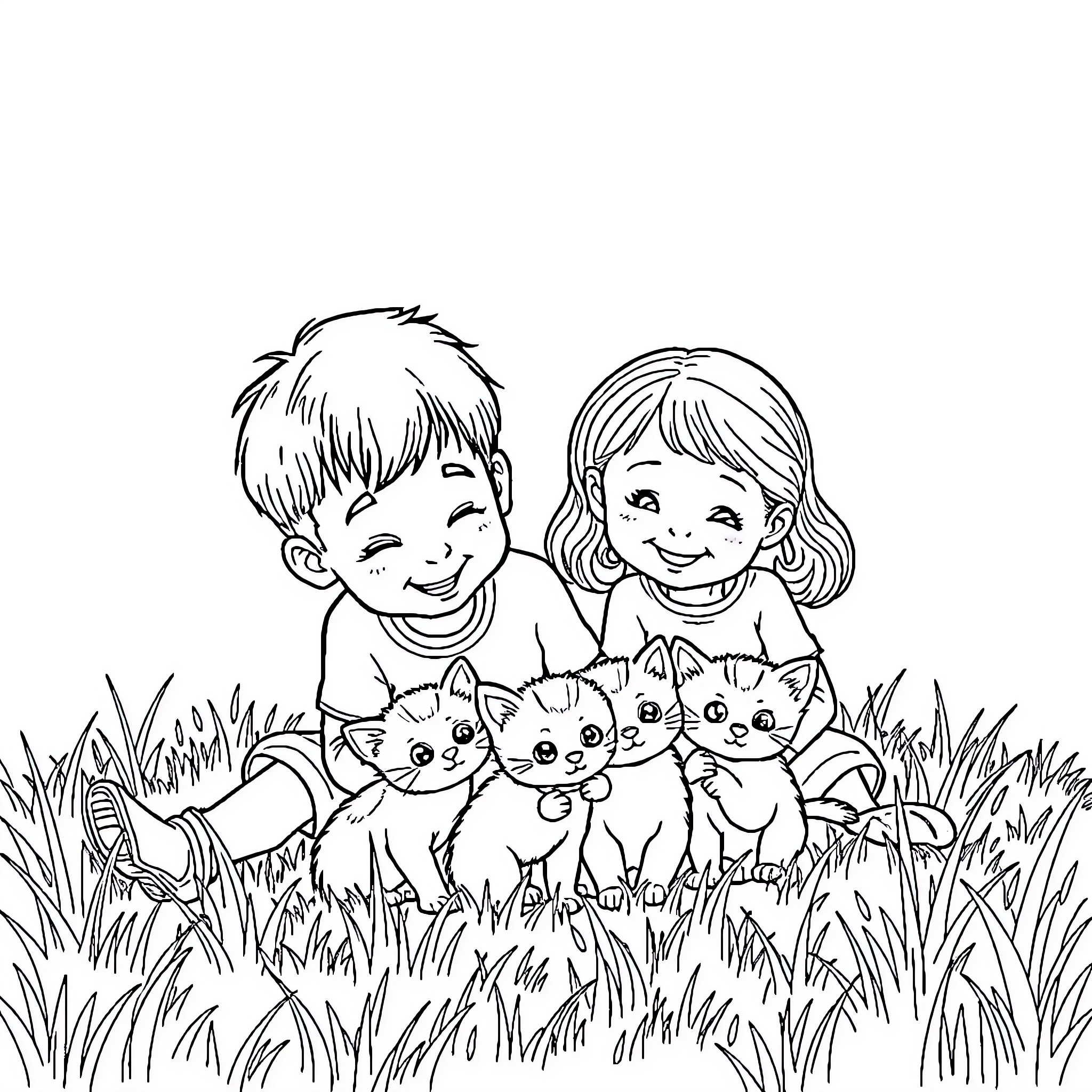 Kitten siblings playing happily with children in the meadow Coloring Page (free black-and-white line drawing printable PDF for all, from beginners to advanced learners, including children, teens, adults, and seniors)