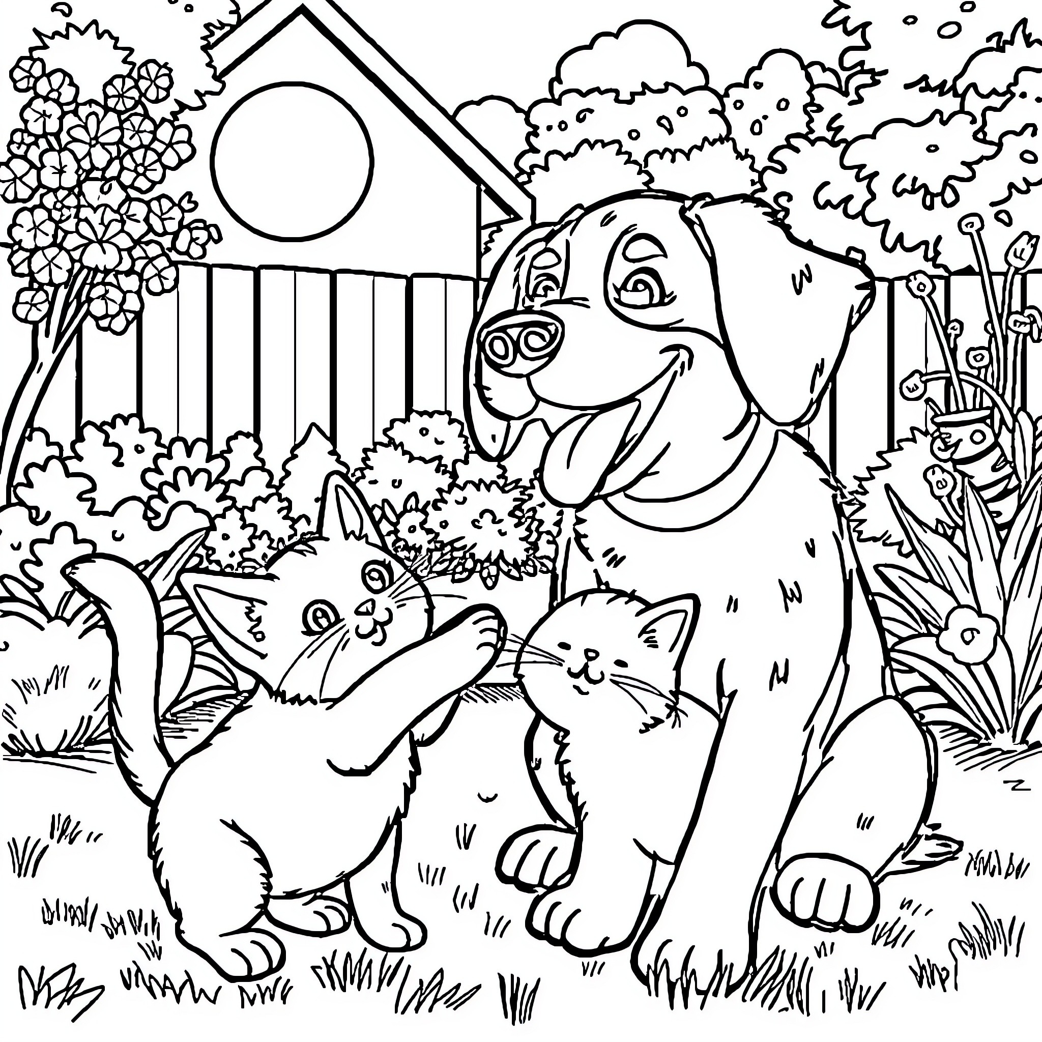 Dog and Cats Playing in the Garden Coloring Page (free black-and-white line drawing printable PDF for all, from beginners to advanced learners, including children, teens, adults, and seniors)