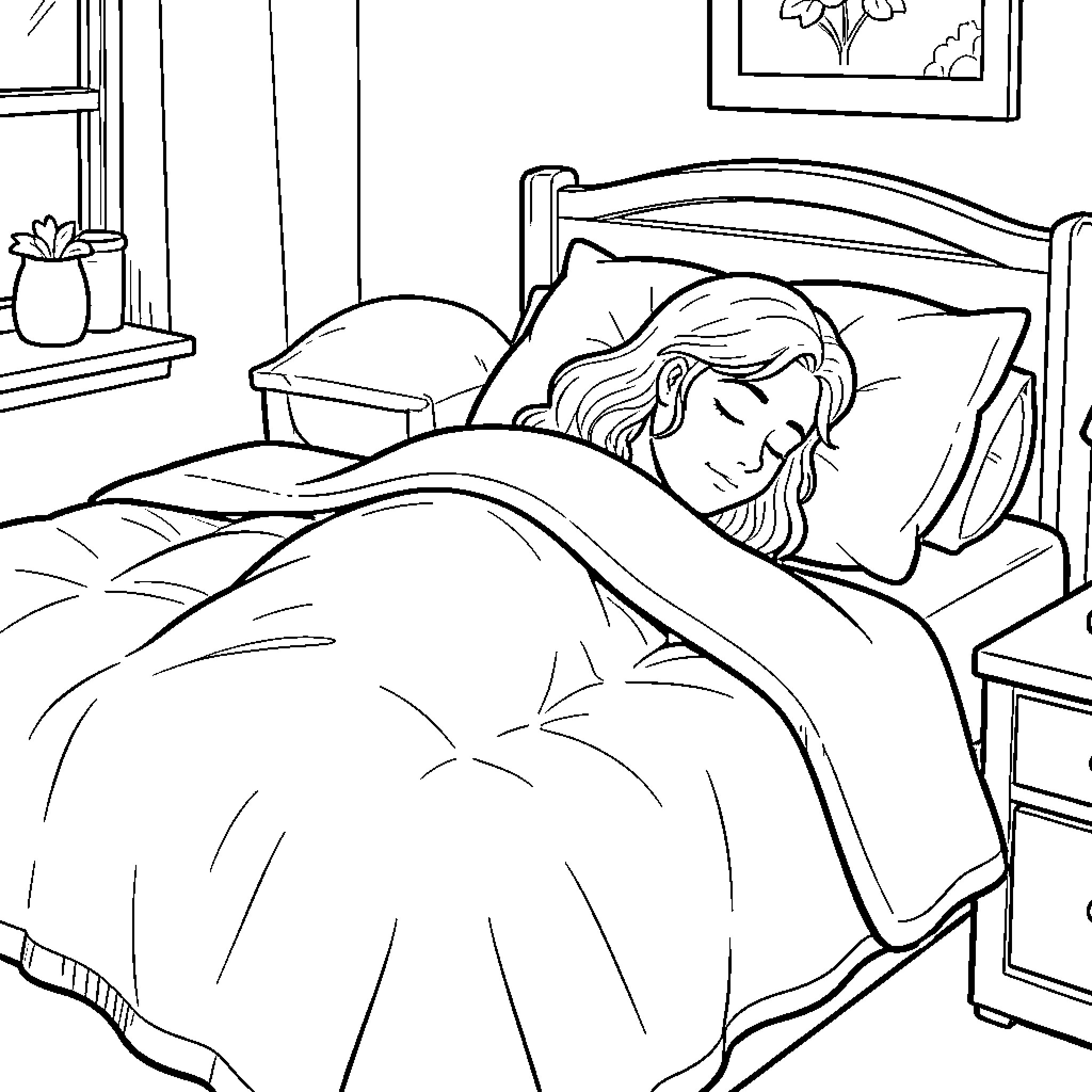 Dormilon's restful slumber in a cozy bedroom Coloring Page (free black-and-white line drawing printable PDF for all, from beginners to advanced learners, including children, teens, adults, and seniors)