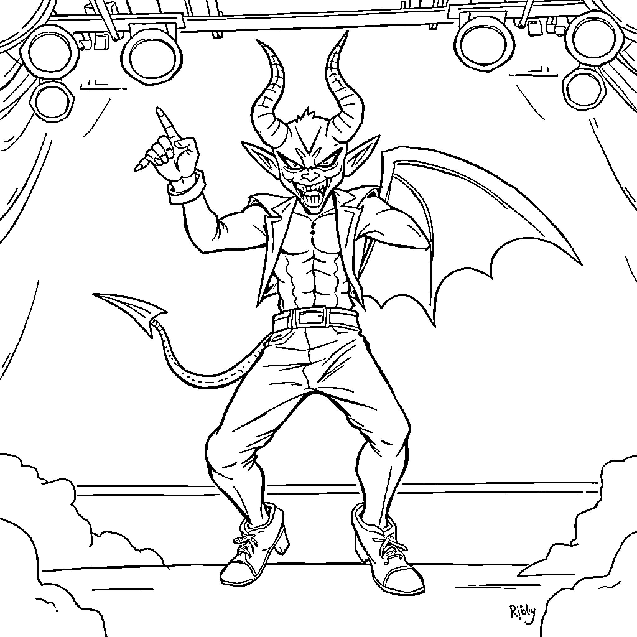 Devil's Defiant Posture in Futuristic Backdrop Coloring Page (free black-and-white line drawing printable PDF for all, from beginners to advanced learners, including children, teens, adults, and seniors)