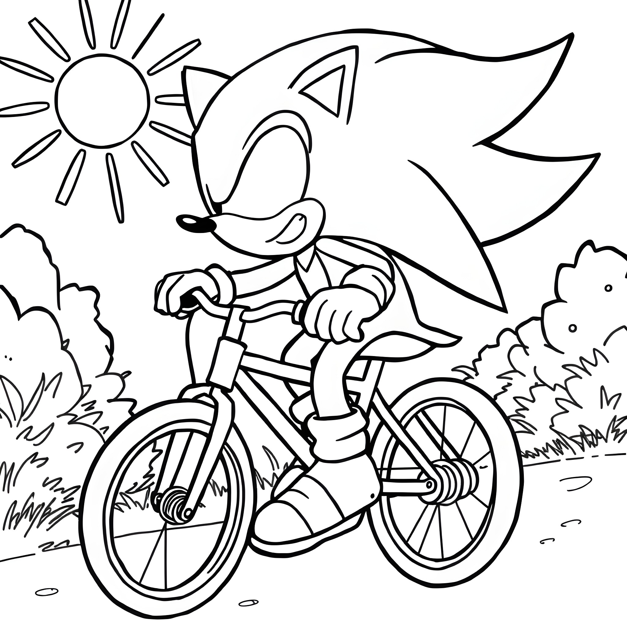 Shadow of character riding bicycle in nature Coloring Page (free black-and-white line drawing printable PDF for all, from beginners to advanced learners, including children, teens, adults, and seniors)