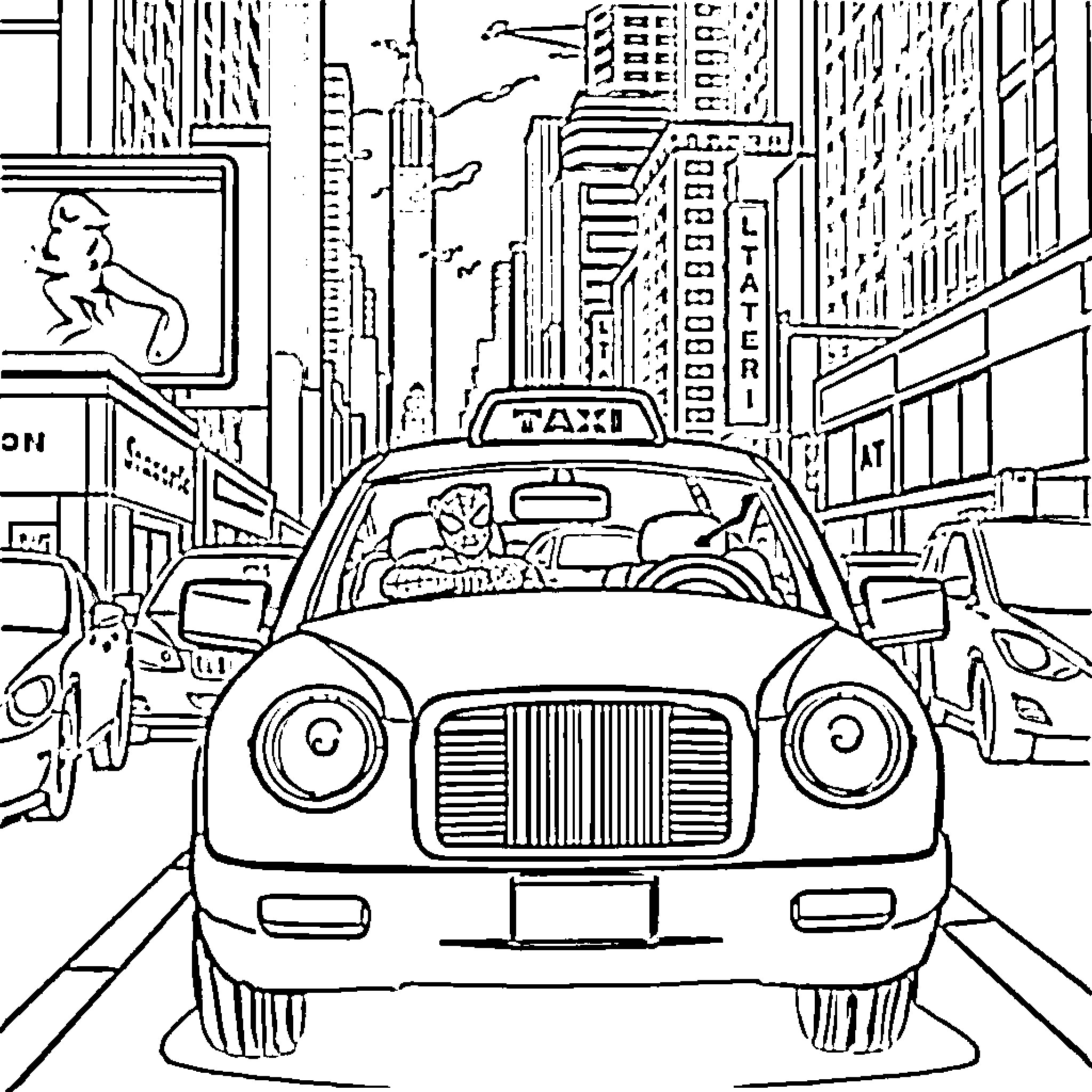 Spiderman in action on the bustling city streets Coloring Page (free black-and-white line drawing printable PDF for all, from beginners to advanced learners, including children, teens, adults, and seniors)