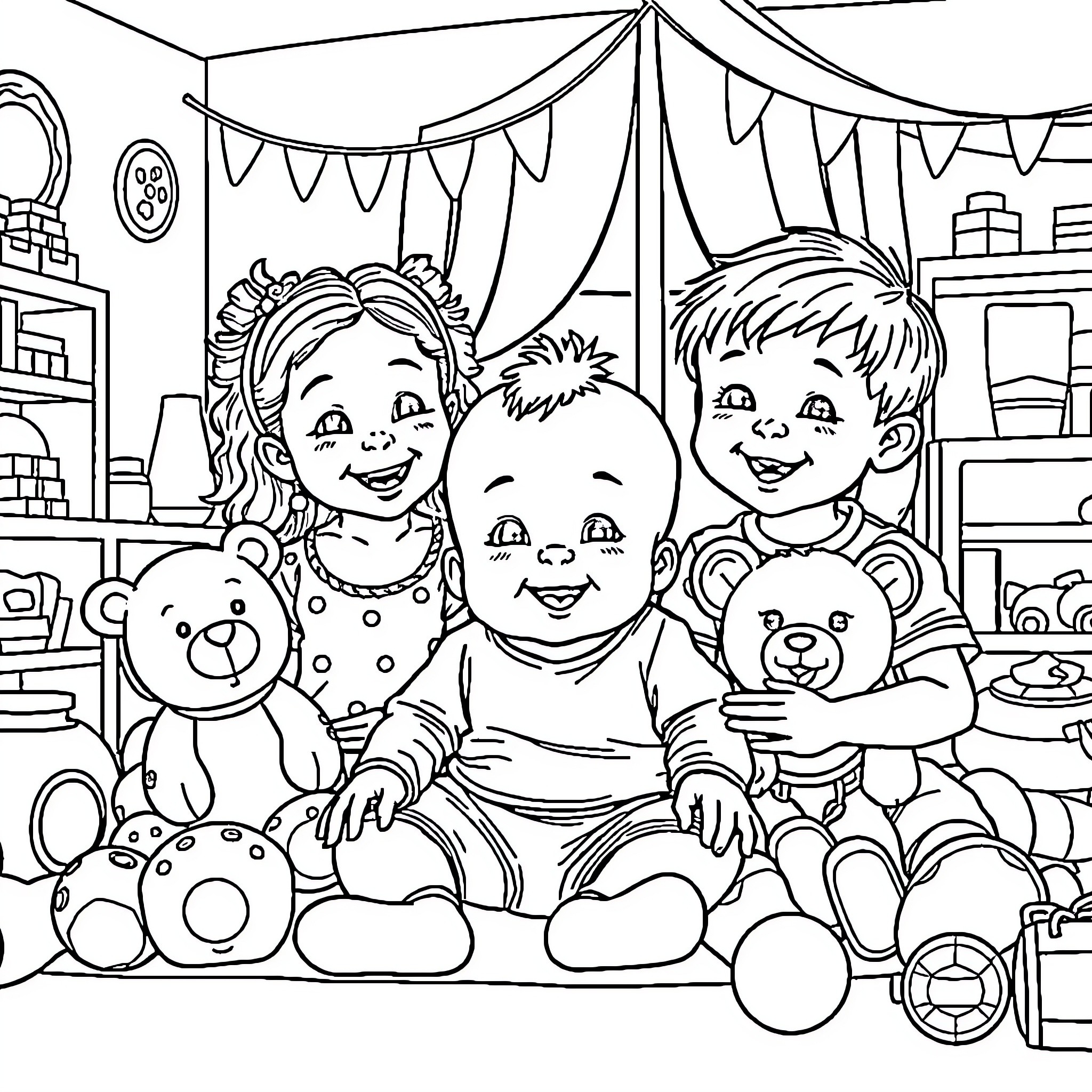 Baby friends playing with toys in bedroom Coloring Page (free black-and-white line drawing printable PDF for all, from beginners to advanced learners, including children, teens, adults, and seniors)