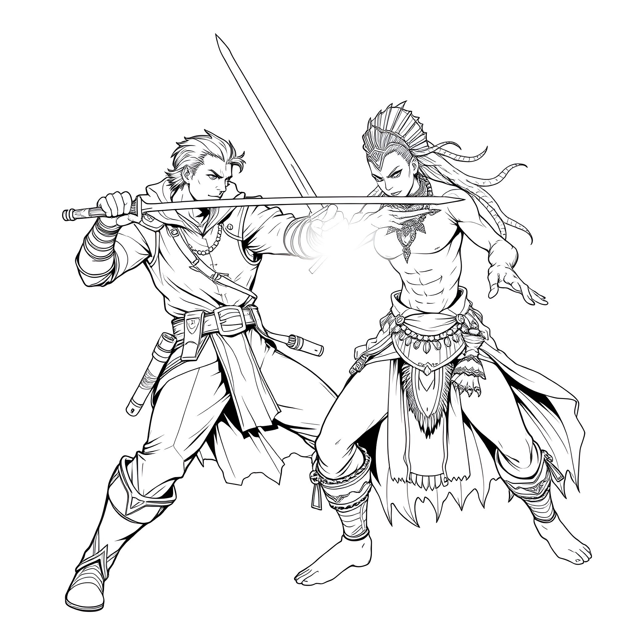 Jack Macrae's epic sword fight with fierce warrior Coloring Page (free black-and-white line drawing printable PDF for all, from beginners to advanced learners, including children, teens, adults, and seniors)