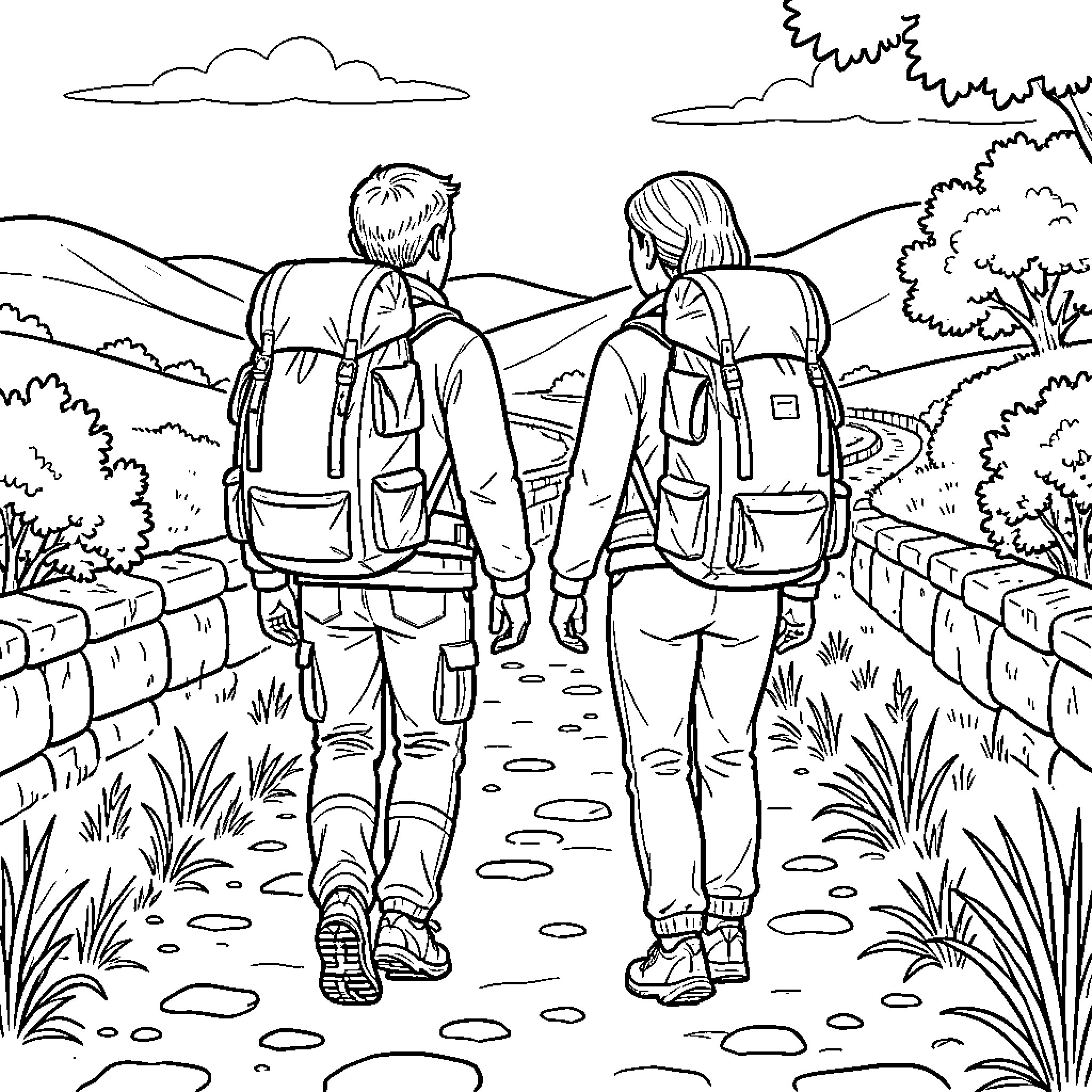 Caminante duo hiking with backpacks on a mountain path Coloring Page (free black-and-white line drawing printable PDF for all, from beginners to advanced learners, including children, teens, adults, and seniors)