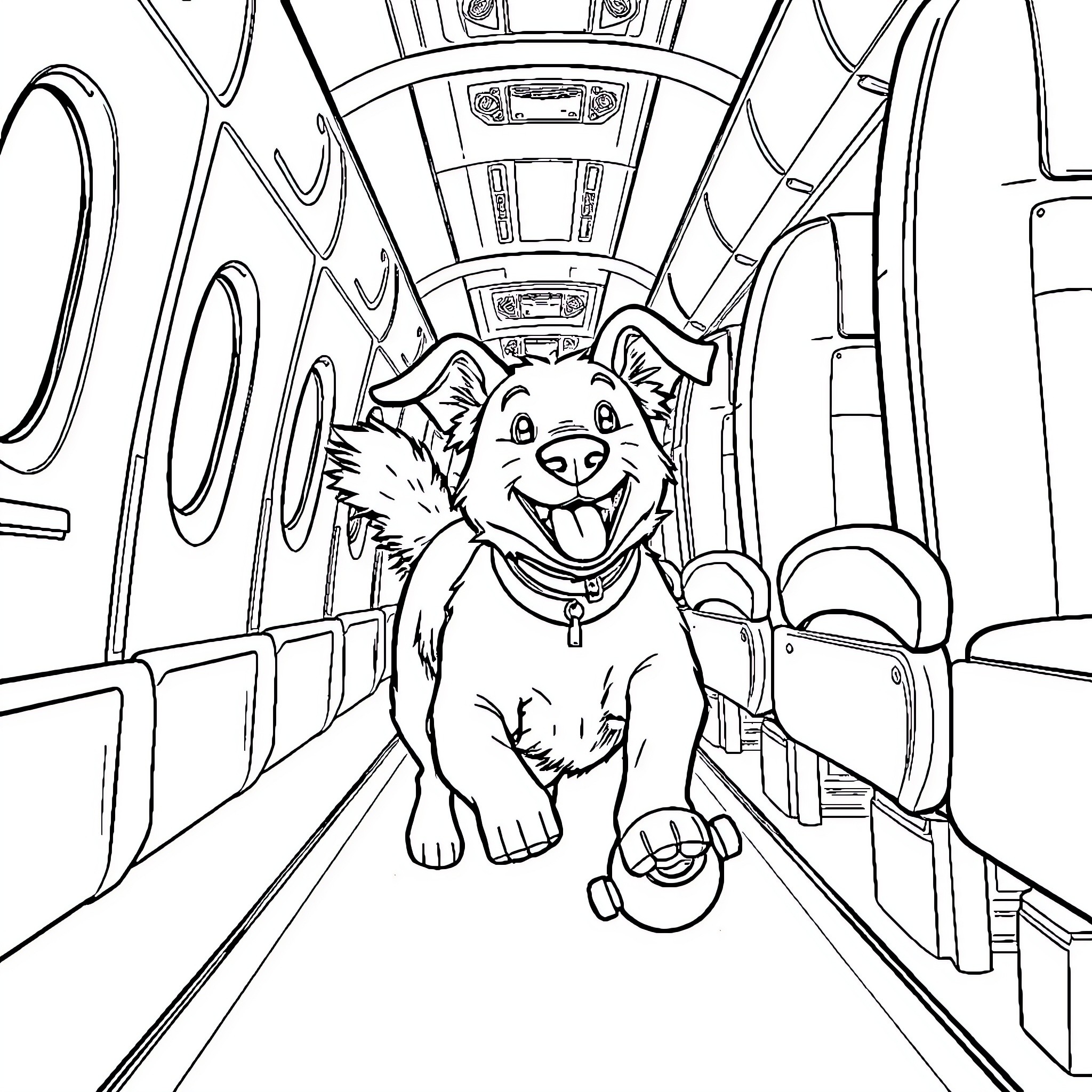 Dog riding happily on the bus Coloring Page (free black-and-white line drawing printable PDF for all, from beginners to advanced learners, including children, teens, adults, and seniors)