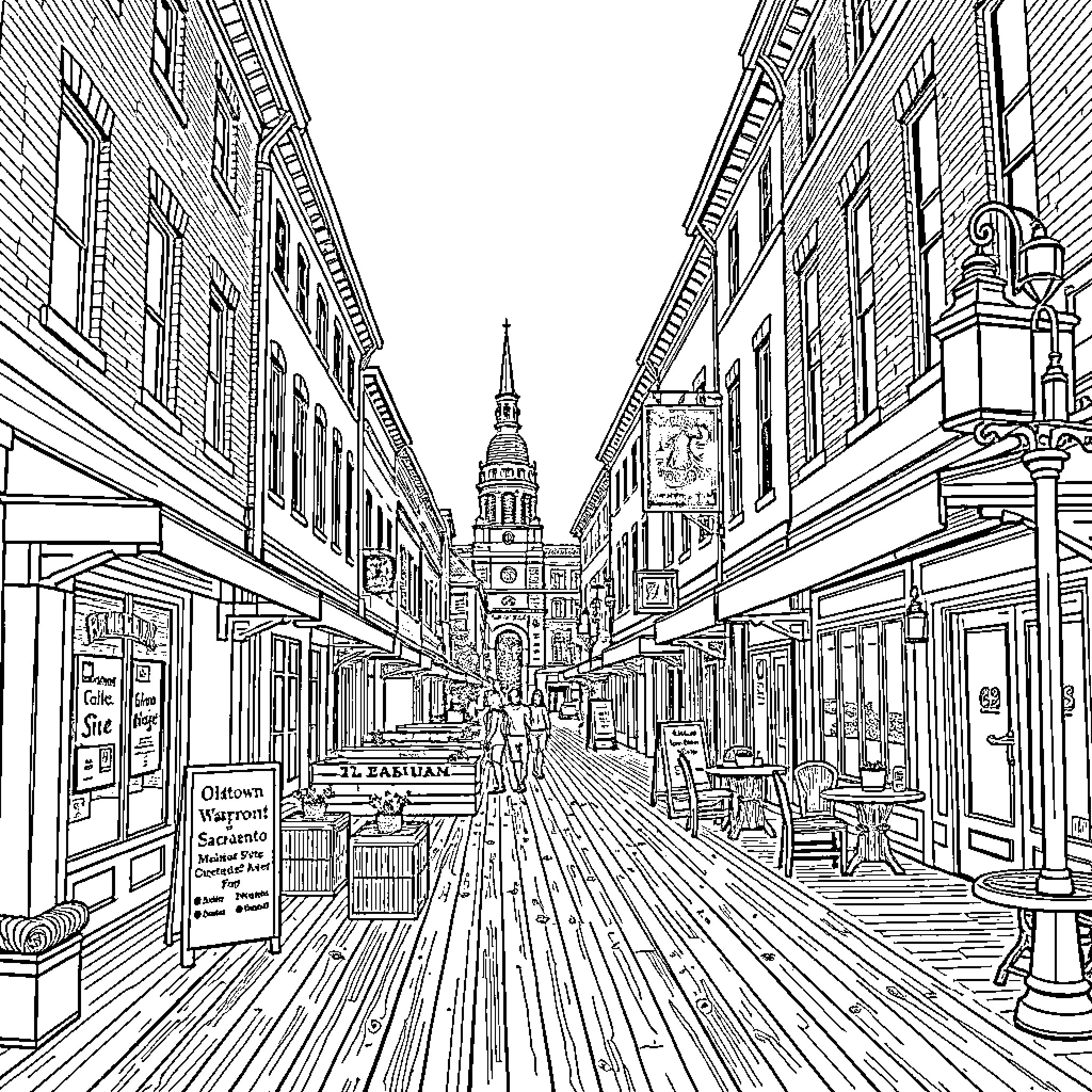 Oldtown Sacramento - Bustling Street with Historic Architecture Coloring Page (free black-and-white line drawing printable PDF for all, from beginners to advanced learners, including children, teens, adults, and seniors)